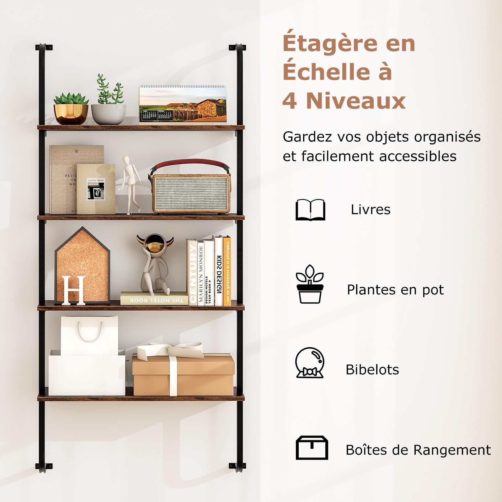 COSTWAY Bibliothèque Étagère Murale Industrielle à 4 Niveaux, Etagères Flottantes en Bois avec Cadre en Métal, Suspendue, pour Salon, Cuisine Bureau, Brun Rustique