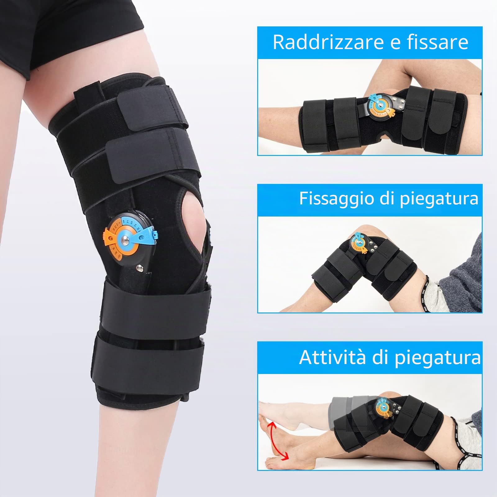 Tutore per ginocchio corto regolabile, stabilizzazione ROM, immobilizzatore post-operatorio per ginocchio regolabile, con stabilizzatori laterali per le gambe, per lacerazioni del menisco, uomini e