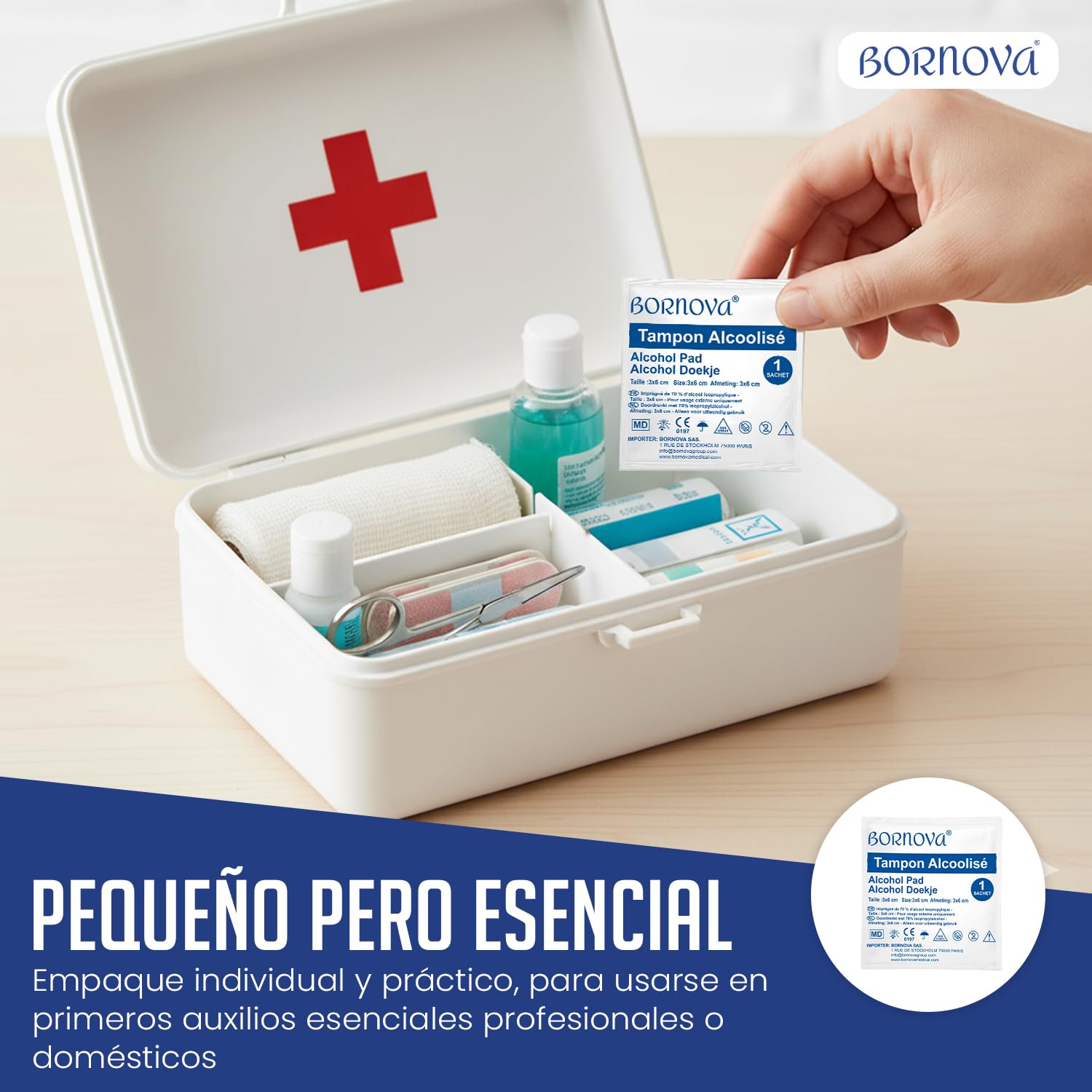 1000 UDS – Toallitas impregnadas – 3x6 cm para limpieza de la piel y objetos – Uso único – BORNOVA