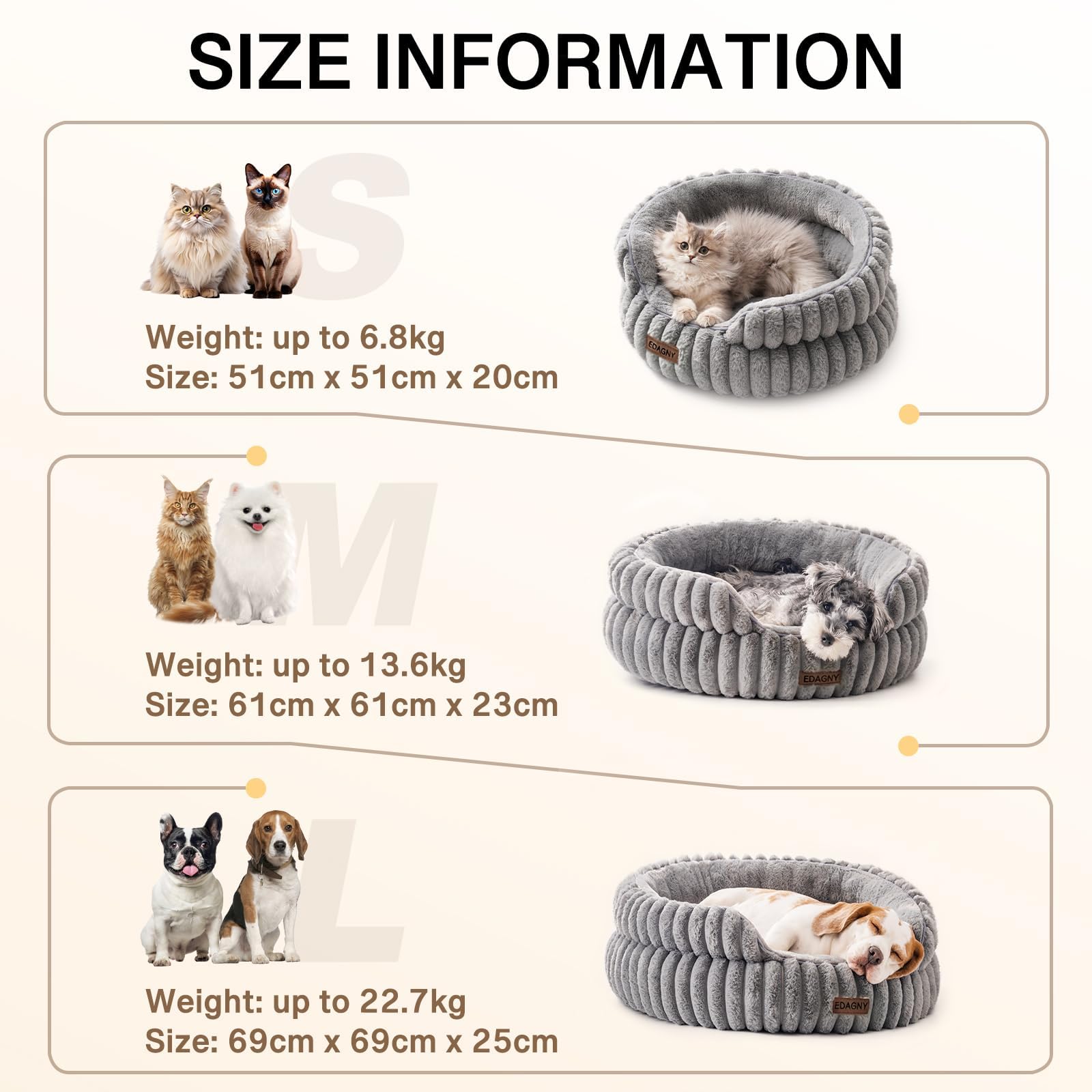 EDAGNY Elegantes Camas para Gatos Camas Perros - Redonda Suave Cama para Perros Pequeños y Medianos Perro, Lavable Calmante Cama para Mascotas (Gris, 51cm x 51cm x 20cm)