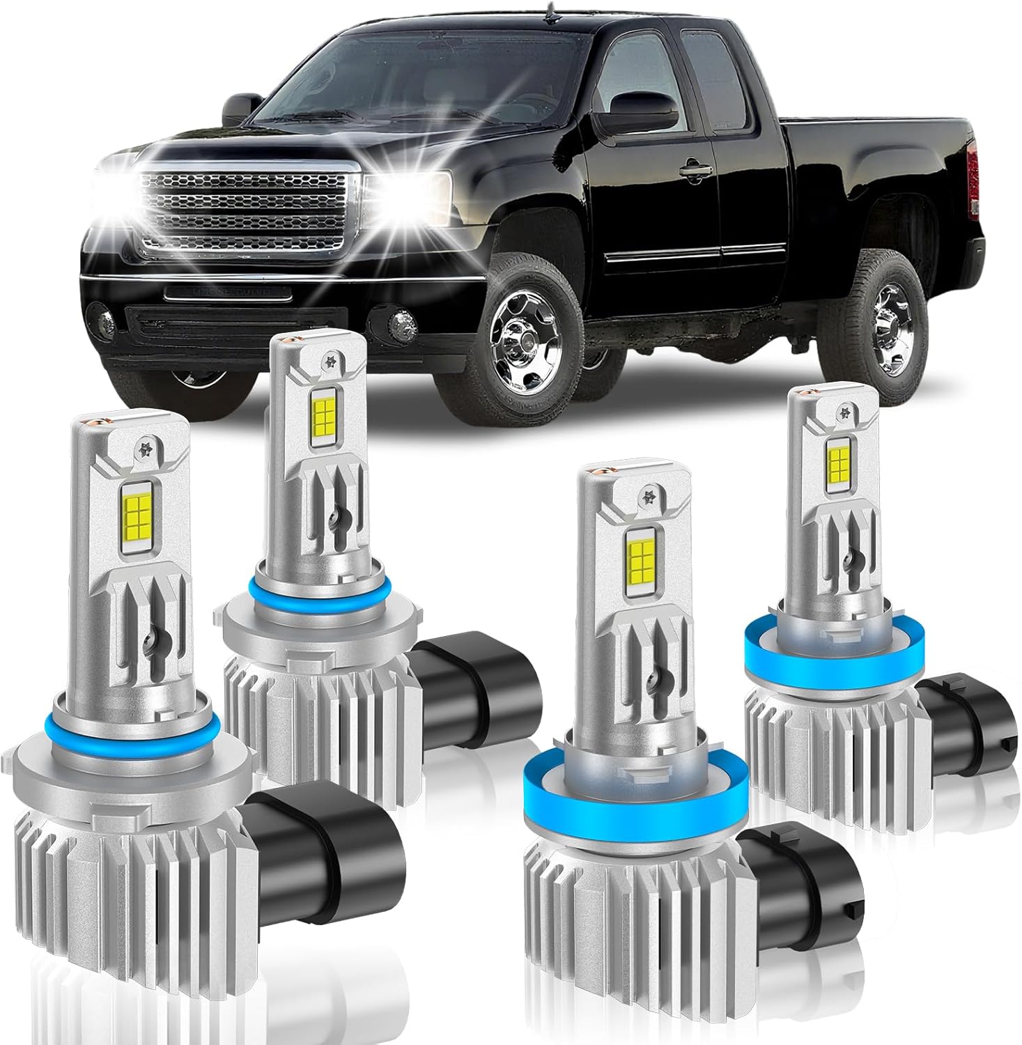 Fit for GMC 2007-2013 Sierra 1500 2500 3500 Light Bulbs, High/Low Beam Light Bulbs Combo, 800% Brightness CSP Chips, 6000K White, Efficient Heat Dissipation, Pack of 4