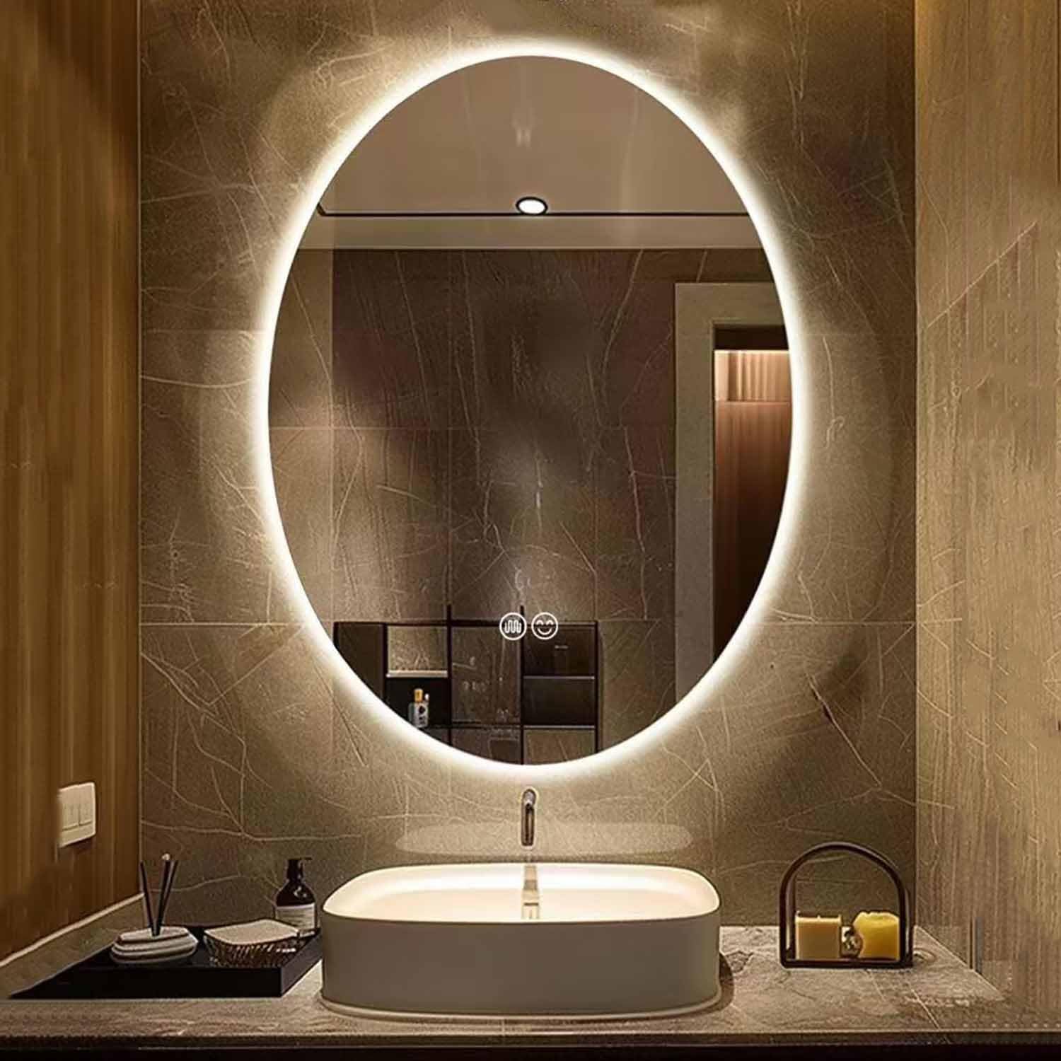FGXHHS LED Vanity Dimmable 3 Colors Lighted Makeup Wall with Anti-Fog Touch Control Frameless Shatter-Proof Oval 30"x40"(Backlit,20 * 28inch)