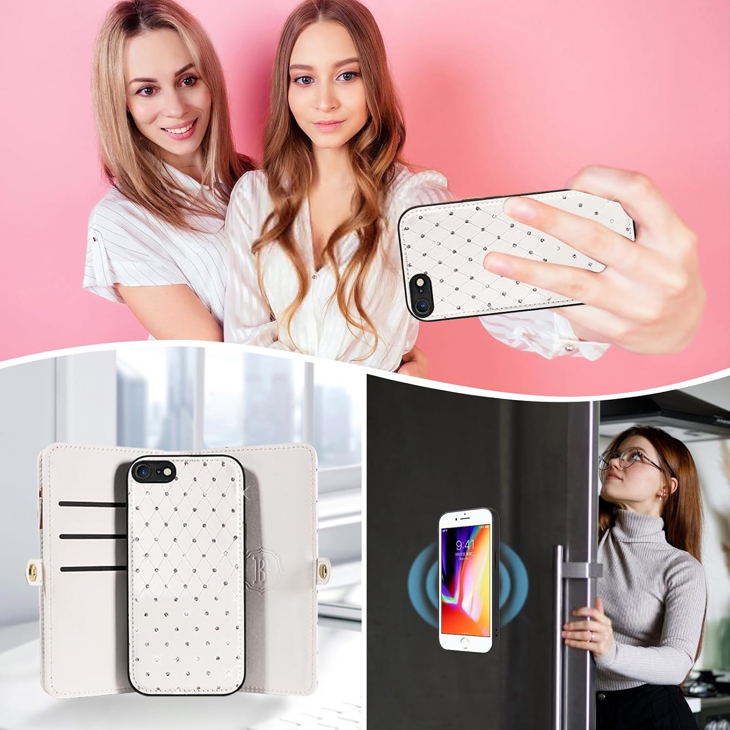Phone Case for iPhone 7/8/SE 2020/2022 Zipper Wallet Cell Cover with Screen Protector Strap Glitter Flip Card Holder Slot iPhone7 i SE2020 SE2022 2/2nd/3/3rd Generation SE2 SE3 7SE 8SE Women White