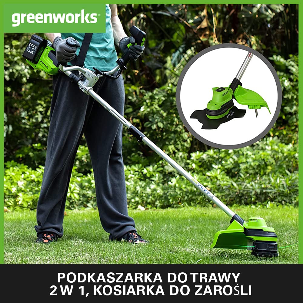 Greenworks GD24X2BCBK4x Akumulatorowa Kosa z Silnikiem Bezszczotkowym, Szelki, Uchwyt Rowerowy, 38 cm Szerokość Cięcia, 2 mm Żyłka Nylonowa, 25 cm Ostrze, 2x Bateria 24V 4Ah i Ładowarka