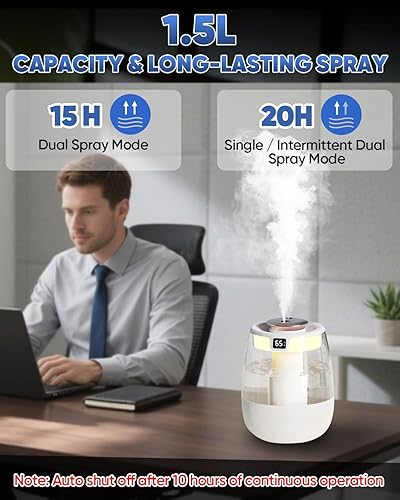 Miniatura 5 de KEN BROWN Mini humidificador de escritorio de 1.5L, silencioso, alimentado por USB, 3 modos de niebla, apagado automático, perfecto para oficina y