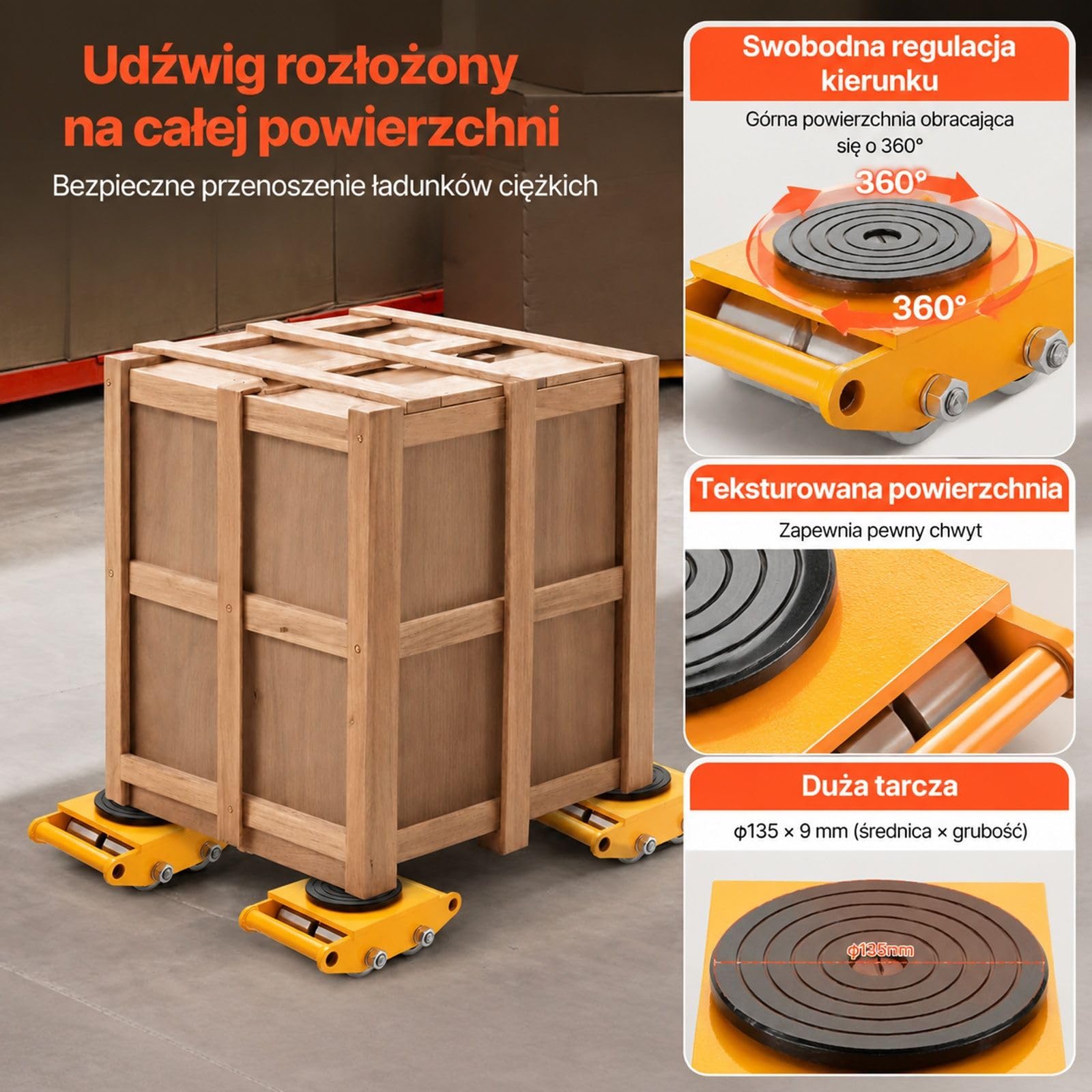 Zestaw 4 rolek transportowych do maszyn, nośność 12 ton, stal węglowa, 4 stalowe koła i obrotowe płyty górne do warsztatów, magazynów i fabryk