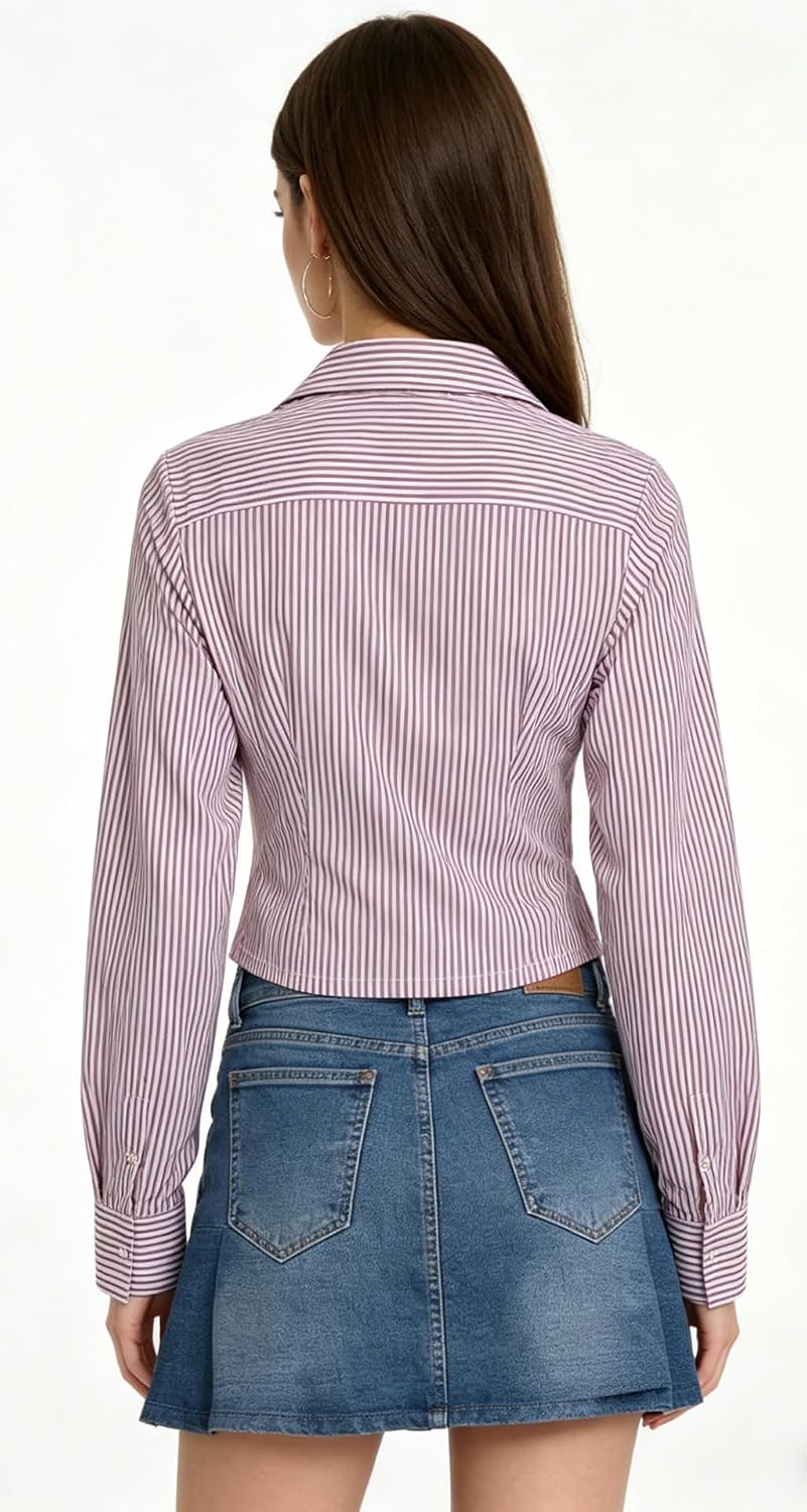 Going Out Tops for Women Purple White Striped Long Sleeve Button Down Lace Up Corset Blouse Y2K Tops for Women