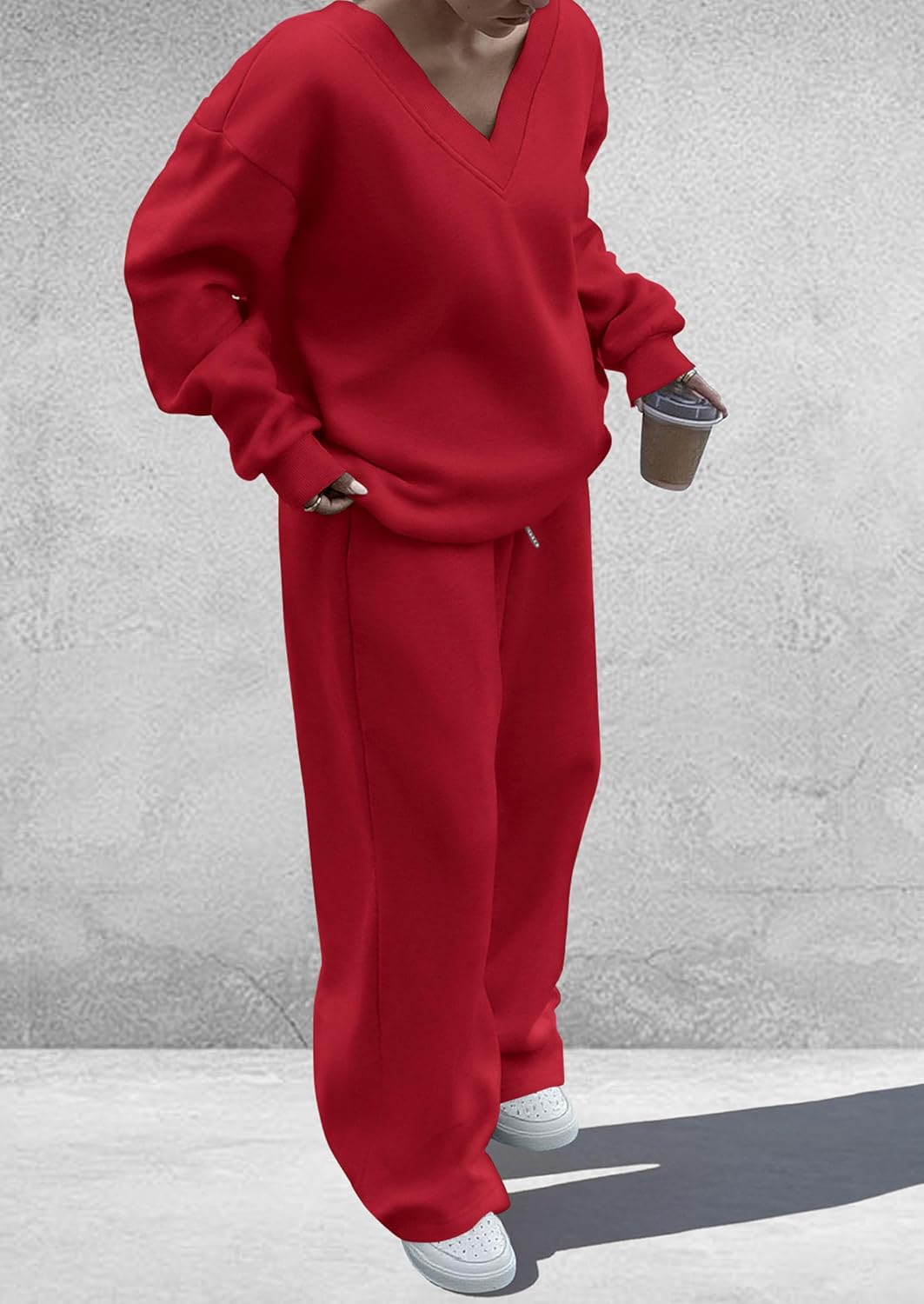 PRETTYGARDEN Casual Winter Two Piece Sets for Women 2026 V Neck Sweatshirt Loose Wide Leg Pants Tracksuit Knit Fall Outfits - Image 5