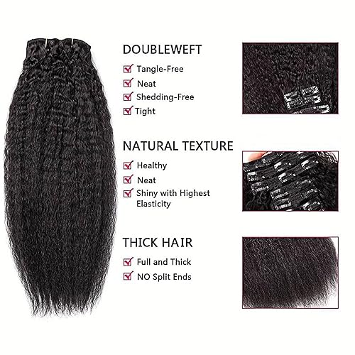 Miniatura 2 de QiaQiaRing Extensiones de cabello lacio tipo afro con clip, grado 10A, para mujeres negras, 20 pulgadas, 8 unidades, 4.23 ozpaquete, extensiones de