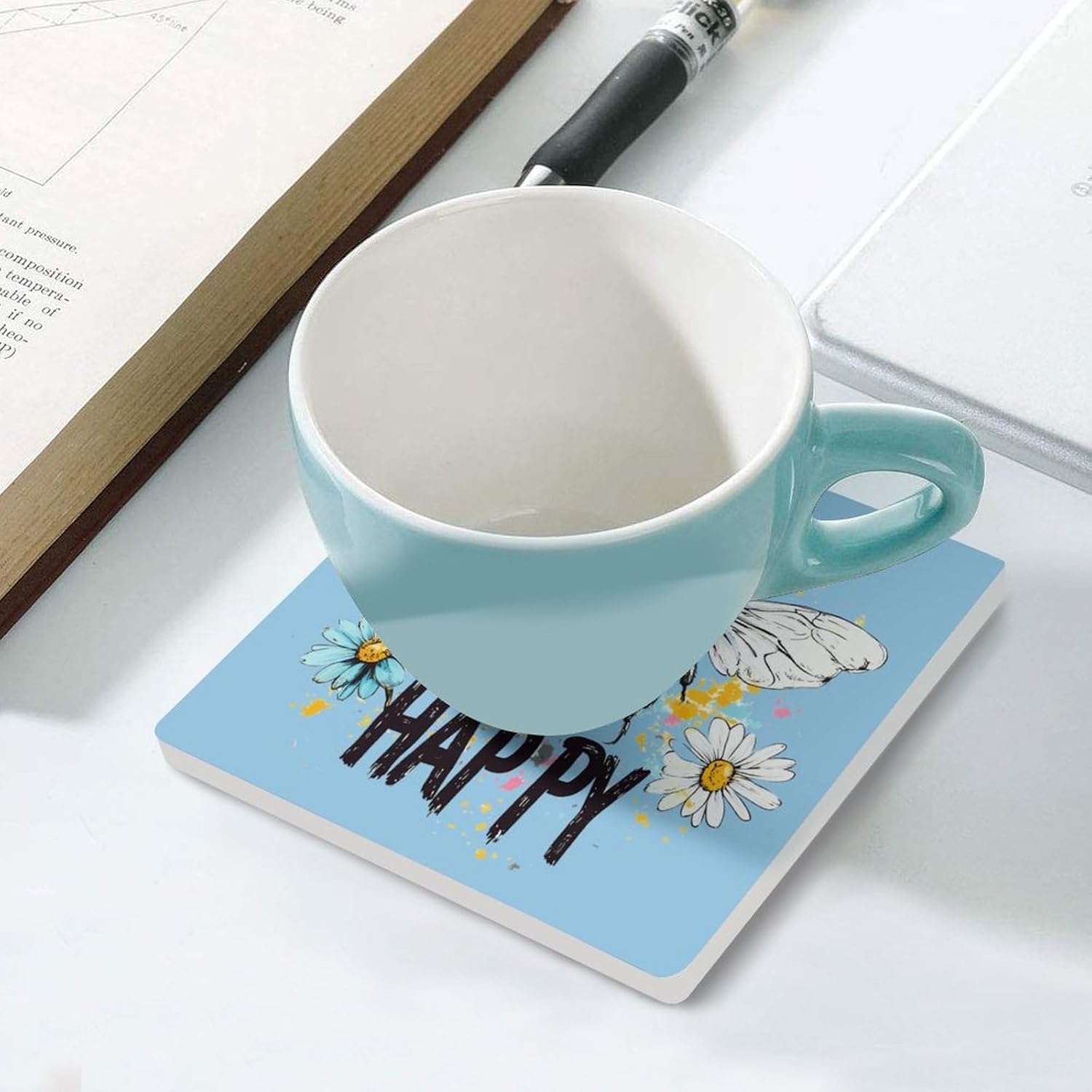 Bee Flower Ceramic Coasters Square Drinks Coaster Coffee Table Decor Table Coaster for Home Bar