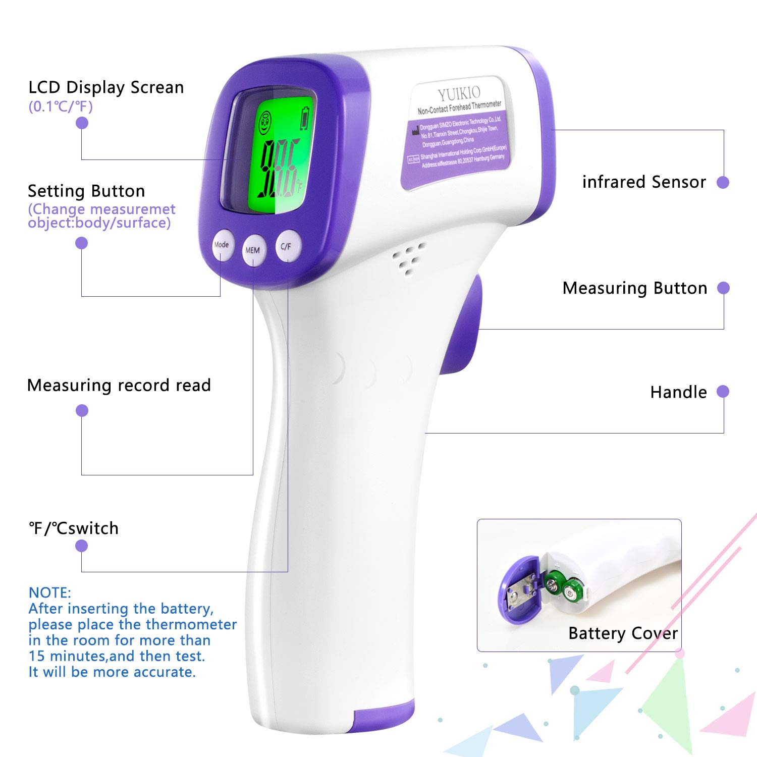 YUIKIO Infrared Forehead Thermometer for Adults, Non Contact Touchless Digital Temporal Thermometers for Baby Kids with Fever Alarm, LCD Screen and Temperature Data Memory (NO Battery Included) : Baby