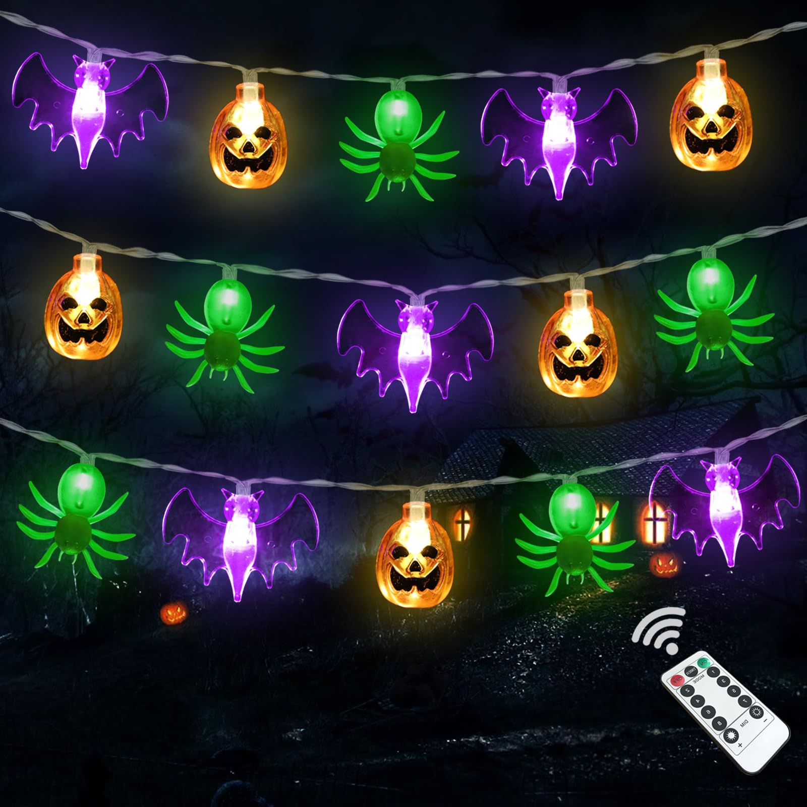 Halloween Lights, 16 FT 30 LED Waterproof 3D Pumpkin Bat Spider Battery Operated String Lights with Timer, 8 Lighting Modes Fairy Lights for Window