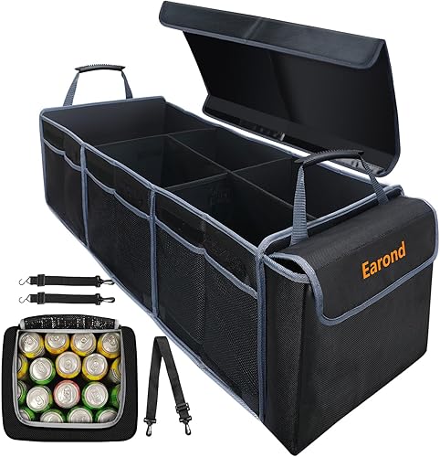 EAROND Organizador de maletero de automóvil con bolsa térmica a prueba de fugas, tapa extraíble, correas de seguridad ajustables, organizador de