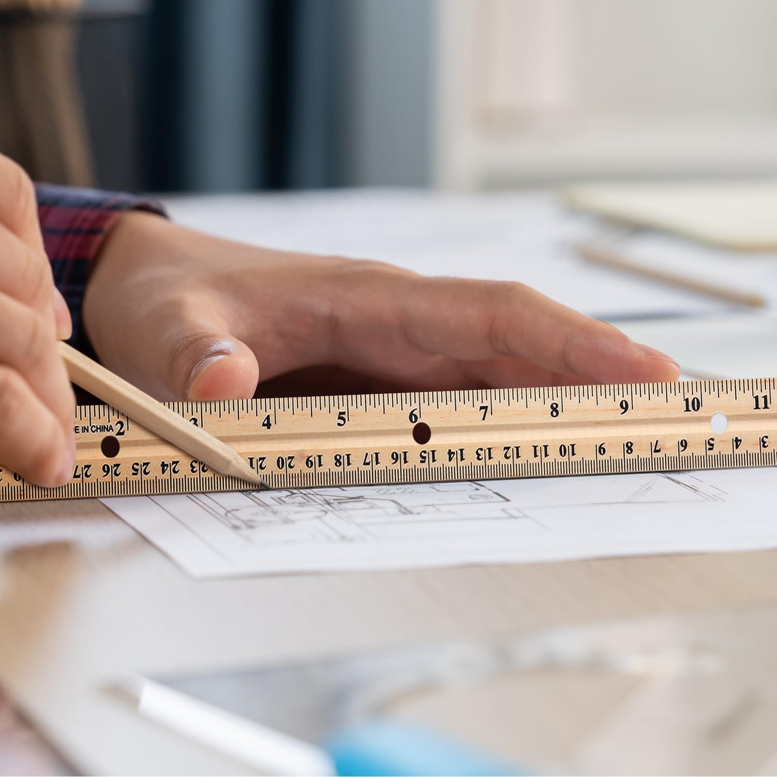 12 Pack 12 Pack Christmas Wooden Ruler Gifts 12 Inch (30cm) Bulk Wood Measuring Ruler Straight Metal Edge with 4 Holes for Teacher School Office Drafting Classroom Supplies, 2 Scale