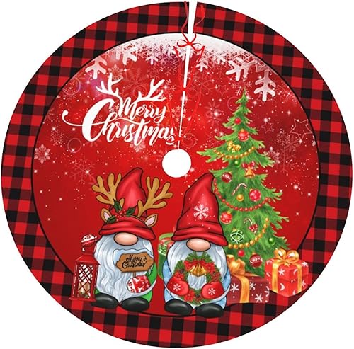 Falda de árbol de Navidad de 36 pulgadas, diseño de gnomo a cuadros de búfalo rojo y negro, redonda, nieve de invierno, adecuada para decoración de