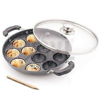 Heavy-Base Non-Stick 12 Cavity Appam Patra with Glass Lid | Appam Maker | Appam Patra | Appam pan | Litti Maker | Appe Stand