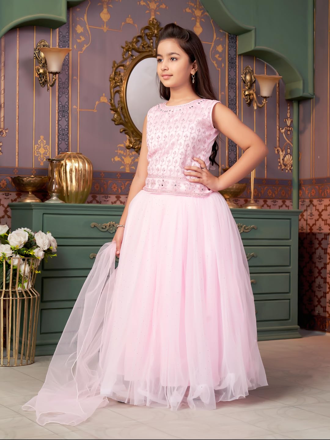 Aarika Girls Ethnic Wear Pink Colour Mirror Embroidery Net Lehenga Choli Set With Dupatta-3-13 Years (Lch-18273)