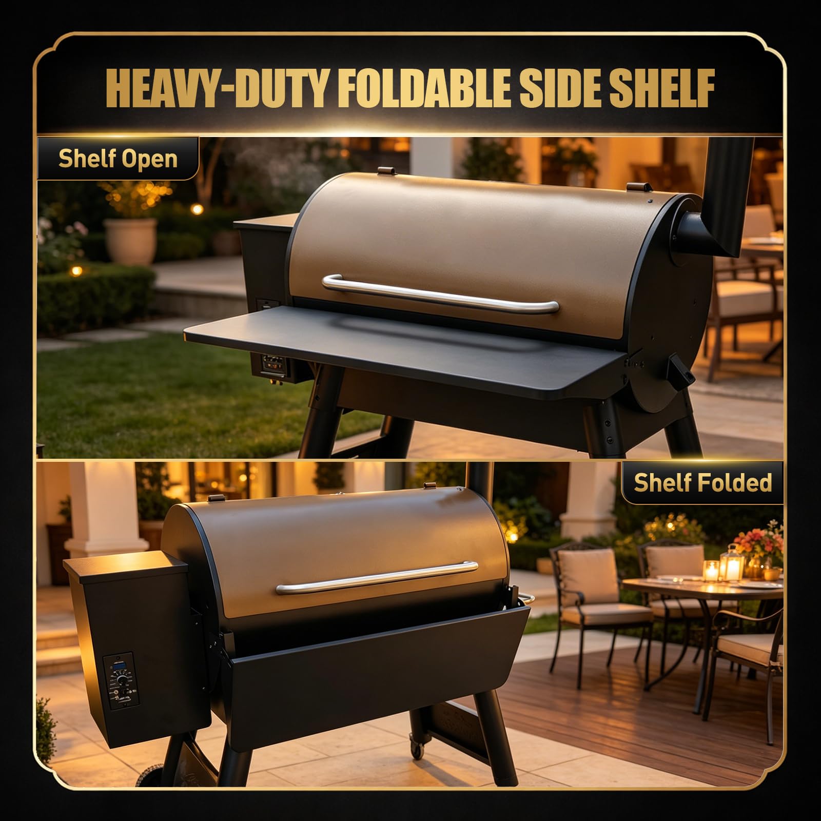 QuliMetal BAC363 Étagère pliante pour grille pour barbecues à granulés Traeger Pro 34 Series, Texas Elite 34, Century 885 et Eastwood 34 Series, Idéale pour la préparation et le stockage des aliments