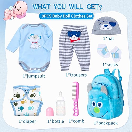 Miniatura 2 de PEDOLLTREE Juego de 8 piezas de ropa de muñeca Reborn Baby Boy con mochila pañal para muñeca Reborn de 17 a 22 pulgadas