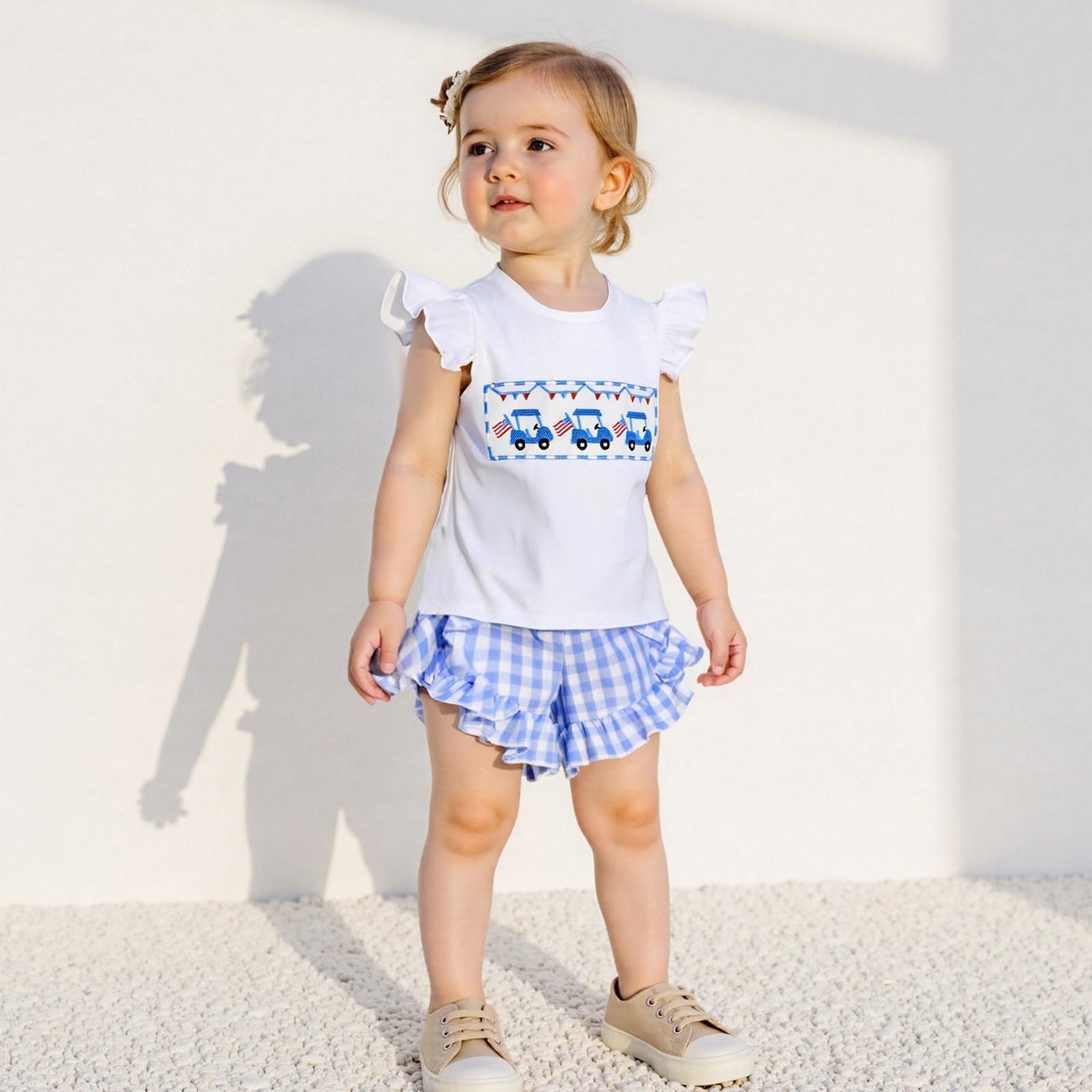 Gaono Toddler Baby Girl 4th of July Outfit American Flag Embroidered Fly Sleeve T-shirt Plaid Ruffle Shorts Set (Blue, 3-6 Months)
