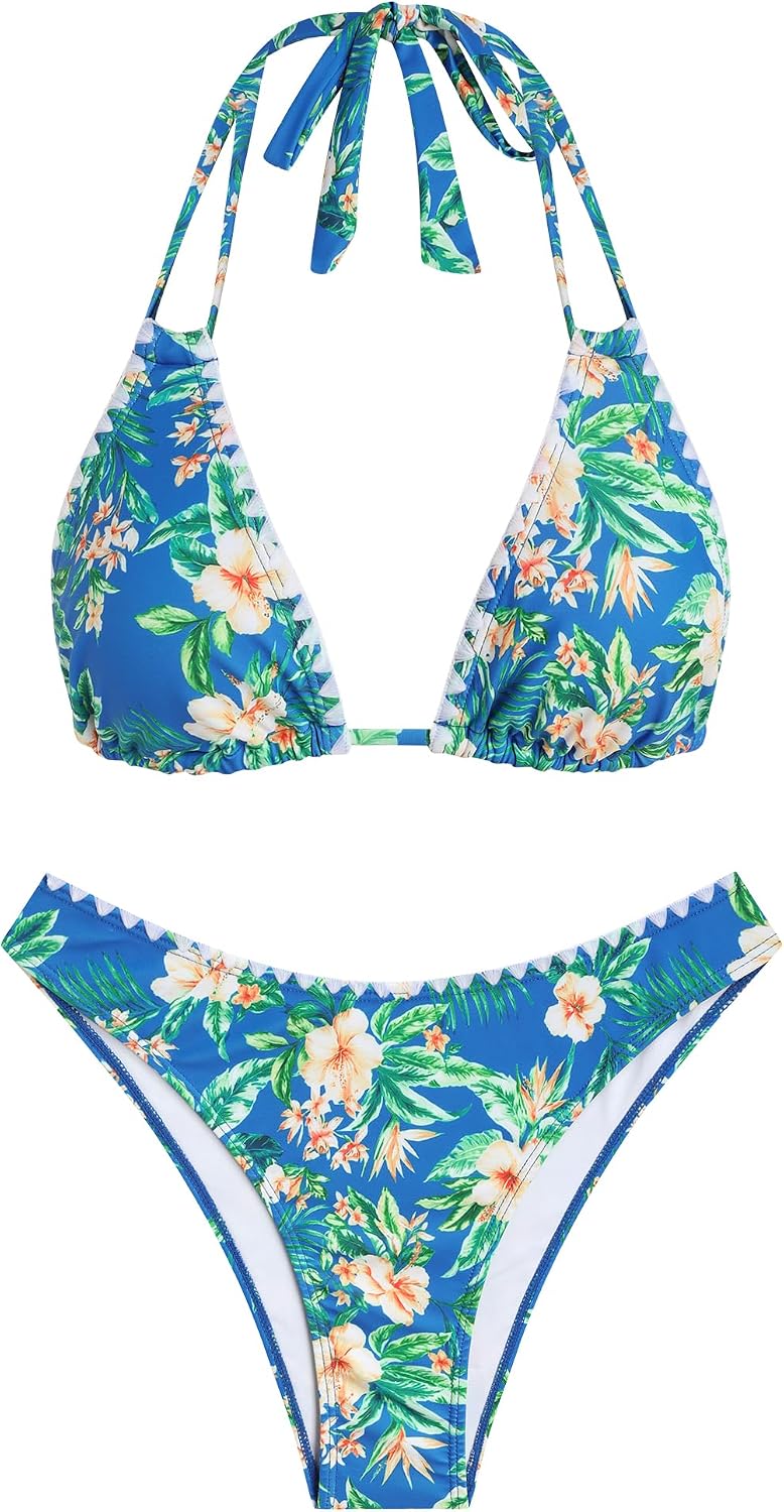 ZAFUL Bikini Sets for Women Halter Dual Straps Whip Stitch Floral Print Triangle 2 Pieces Bikini Swimsuits thumbnail
