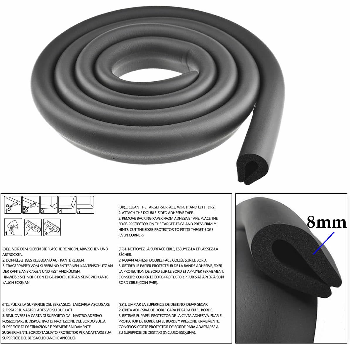 20 Meter U-förmige Glastisch Kantenschutz, Tisch Möbel Kanten Schwamm Kissen Stoßschutz, Baby-Sicherheits-Tabellen-Schreibtisch Anti-Kollision Streifen (10x2M) Schwarz KXD7003 Black