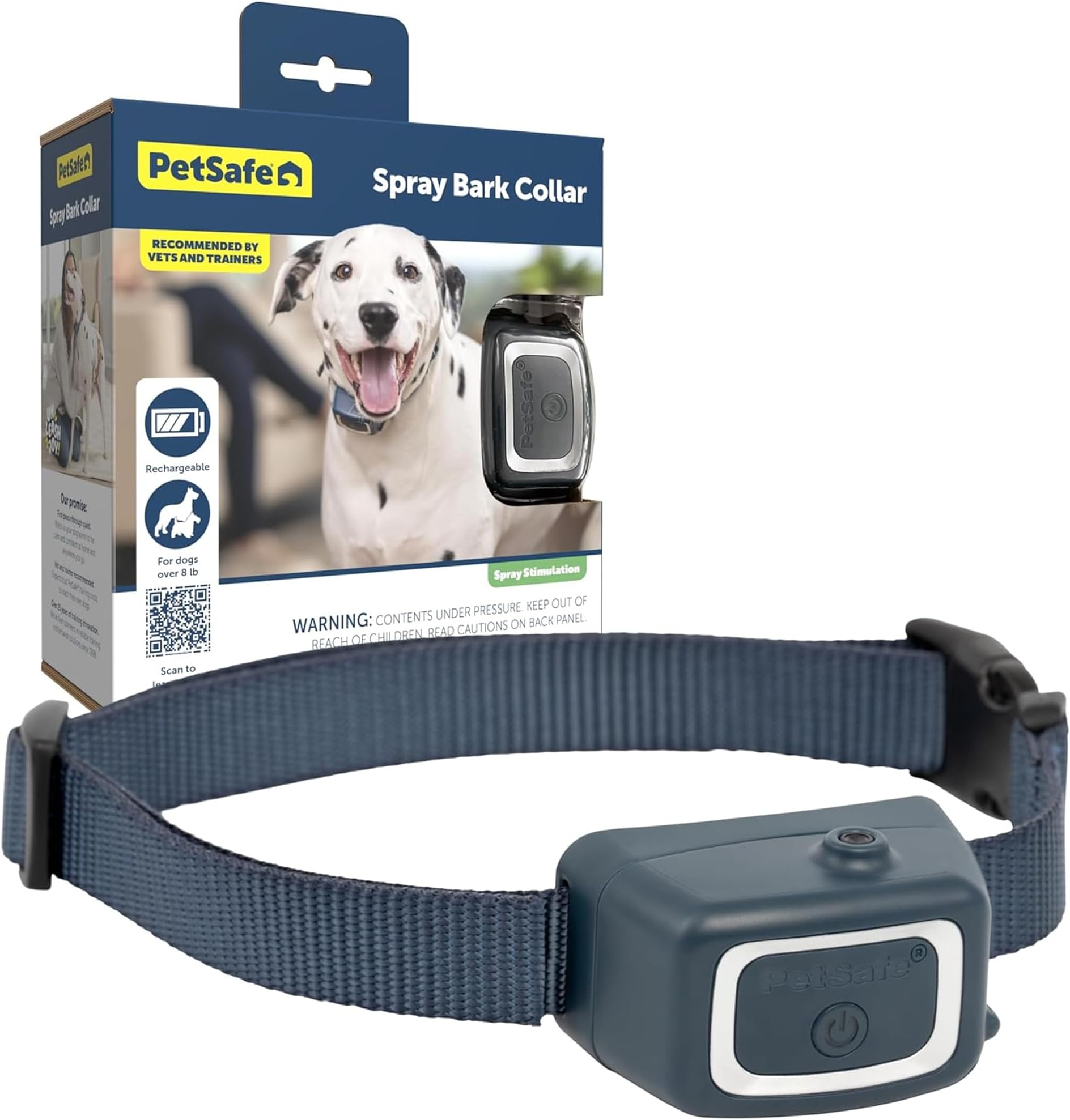 Spray Bark Dog Collar, Automatic No Bark Device for Dogs 8 lb. and Up - Rechargeable and Water-Resistant – Includes Citronella and Unscented Spray Refills & USB Charging Cable, Navy