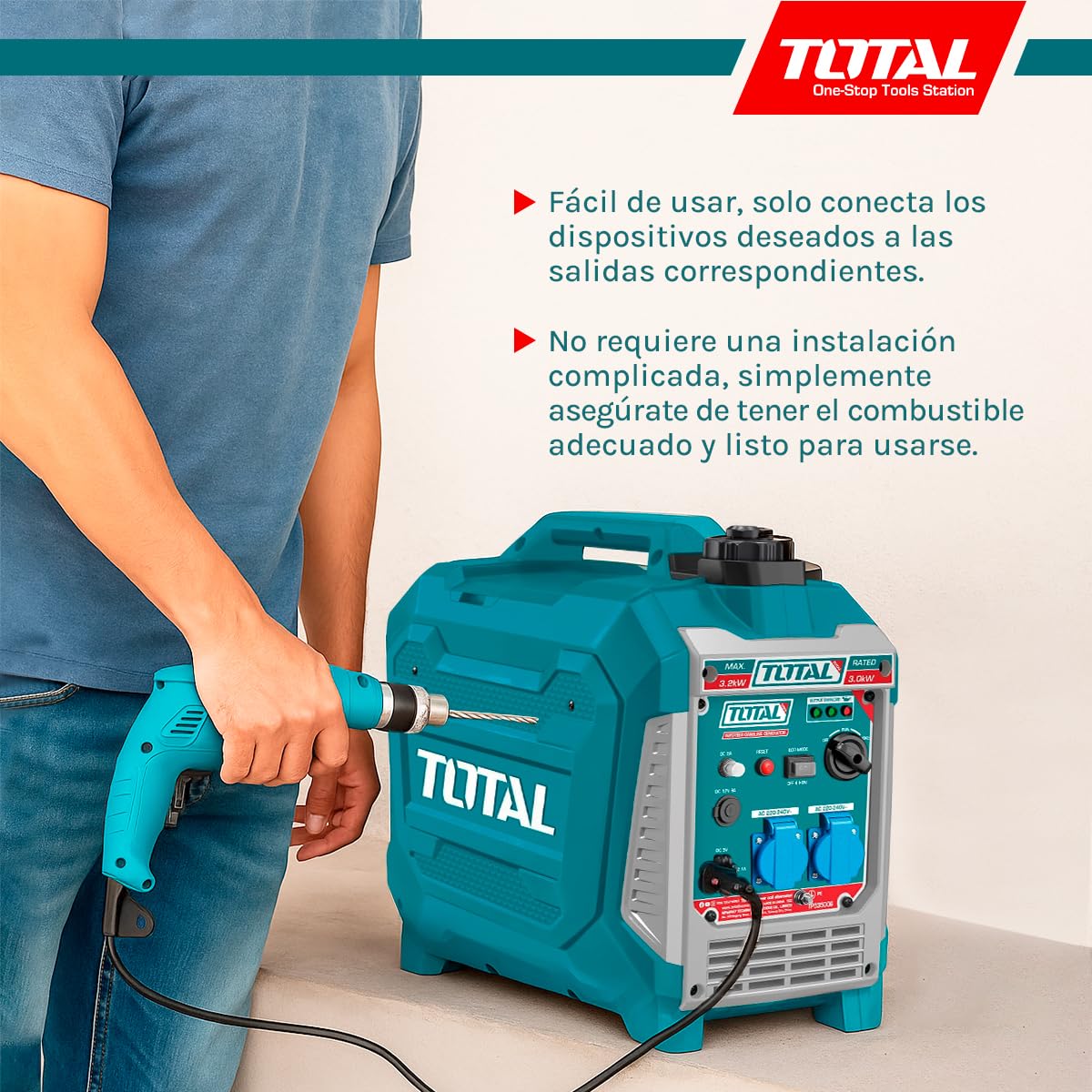 TOTAL - Generador Eléctrico a Gasolina - Insonorizado Inverter 3.3kW - Salidas USB y Toma 250V - Bajo Nivel Sonoro 64dB - Portátil 25kg, Verde, 55l x 55an cm, Plástico