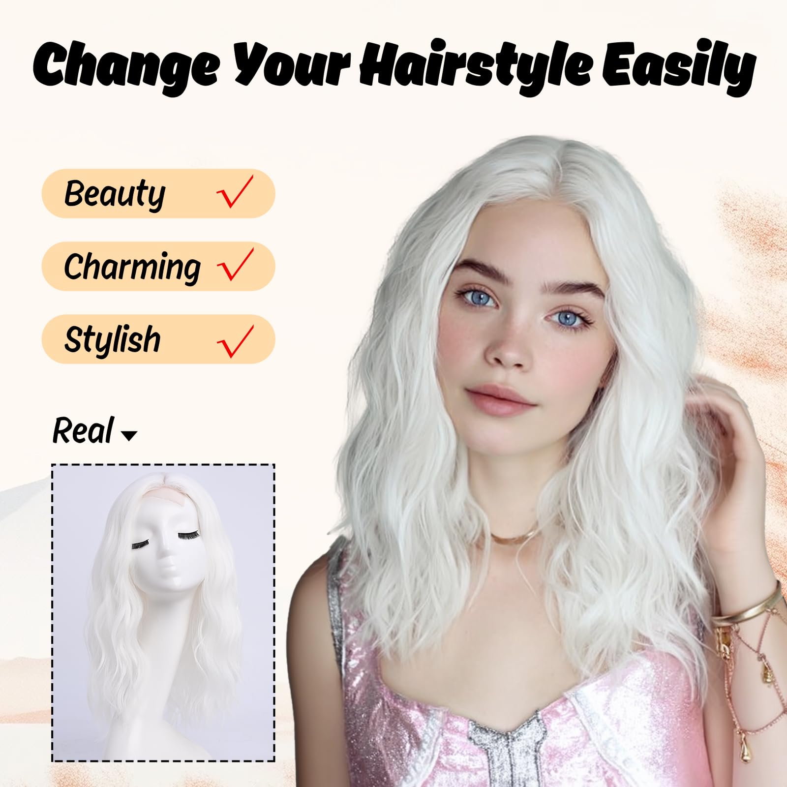 YaissmyLu Medium Length Light White Wavy Wigs for Women 18 Inch Middle Part Wavy White Wig Natural Looking Synthetic Heat Resistant Fiber Wig for Daily Party Use (18 inch) - Image 4
