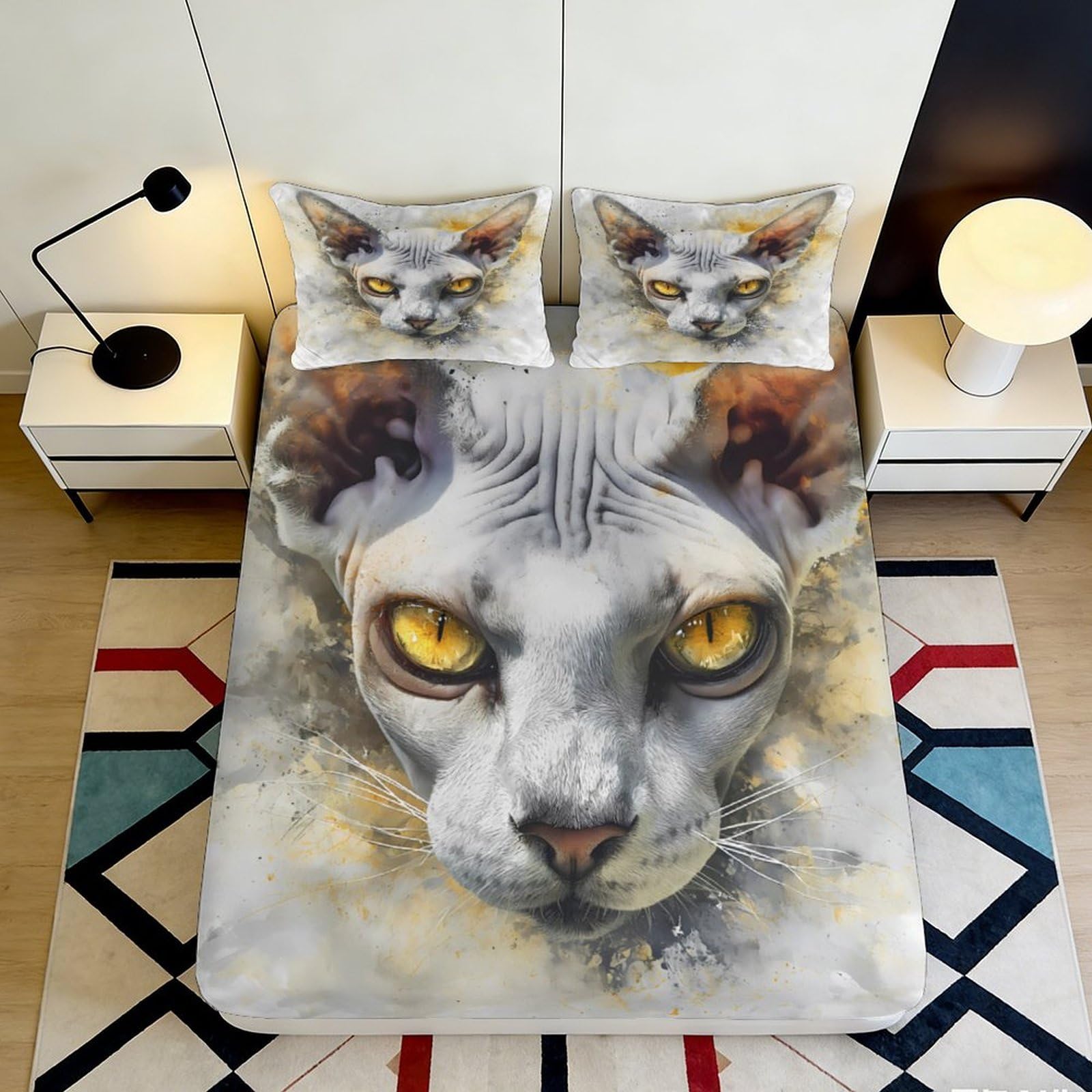 3D Printed Sphynx Cat Fitted Sheet Microfiber Anti-Slip Artistic Bed Cover for Bedroom Dorm Mattress Decor 90x200x25cm