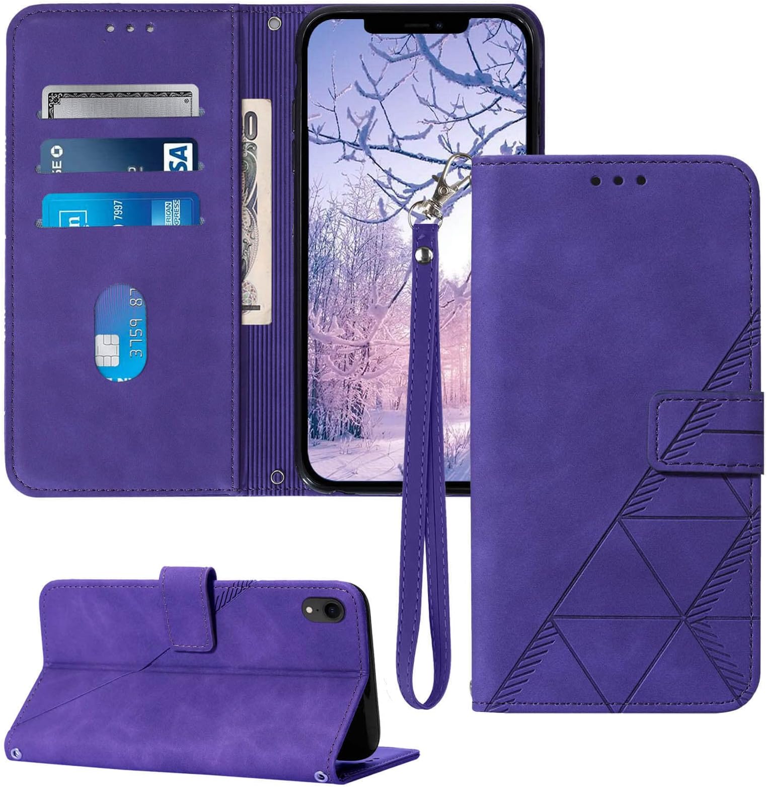 Compatible for iPhone XR Wallet Case,[Kickstand][Wrist Strap][Card Holder Slots] TPU Interior Protective PU Leather Folio Flip Cover for iPhone XR Case Wallet (Purple)