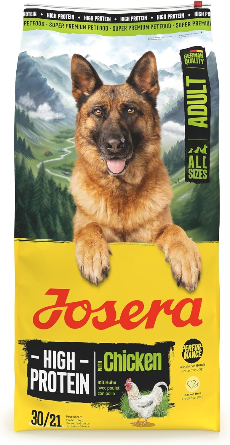 JOSERA Adult High Protein Huhn (1 x 12,5 kg) | Premium-Trockenfutter für ausgewachsene und sportliche (Zucht-)Hunde | Hühner- und Lachsöl | Glutenfrei und proteinreich | L-Carnitin und Taurin | 1 Stück