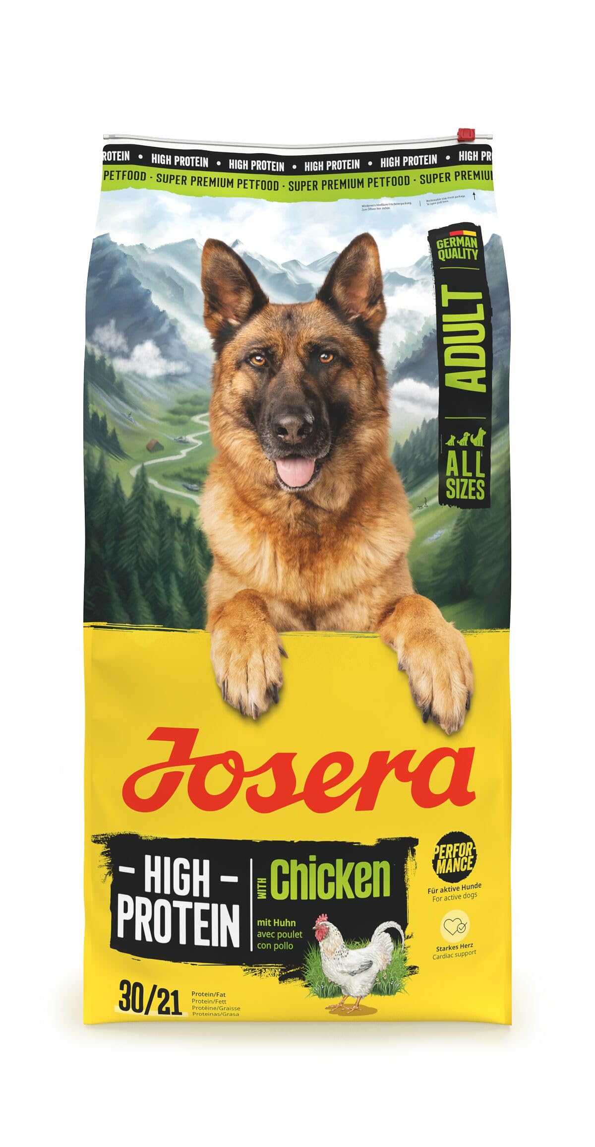 JOSERA High Protein Huhn (1 x 12,5 kg) | Adult | Premium Trockenfutter mit Huhn & Lachsöl für ausgewachsene & sportliche (Zucht-) Hunde | glutenfrei & proteinreich | L-Carnitin & Taurin | 1er Pack