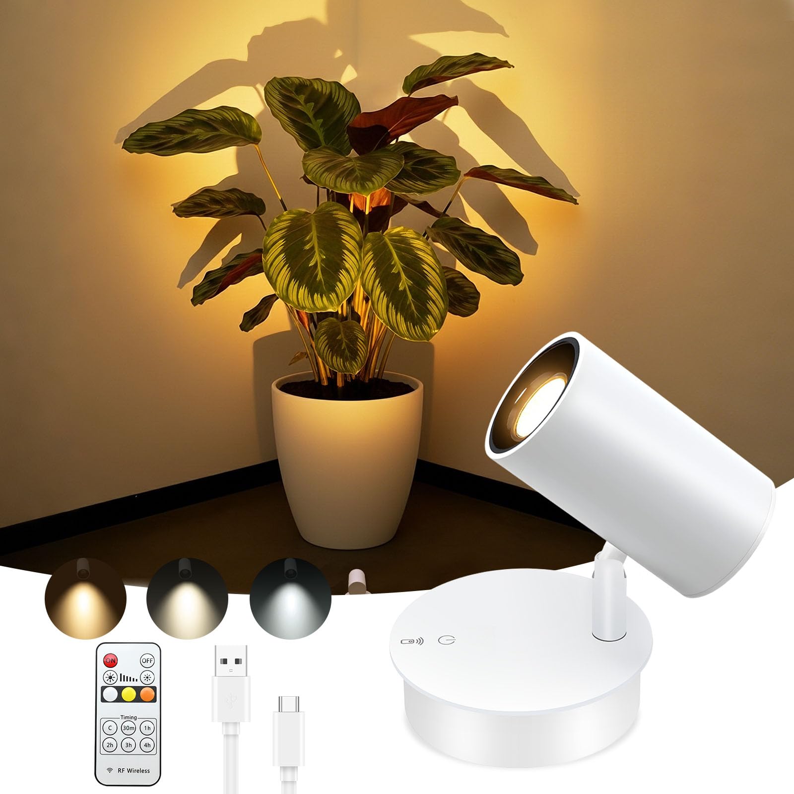 SMY Lighting Spot LED Sans Fil Rechargeable 10000mAh, avec 3 Températures de Couleur, Fonction Minuterie, Commande Tactile et Télécommande, pour d'Art, Plante Interieur, Chambre, Salon