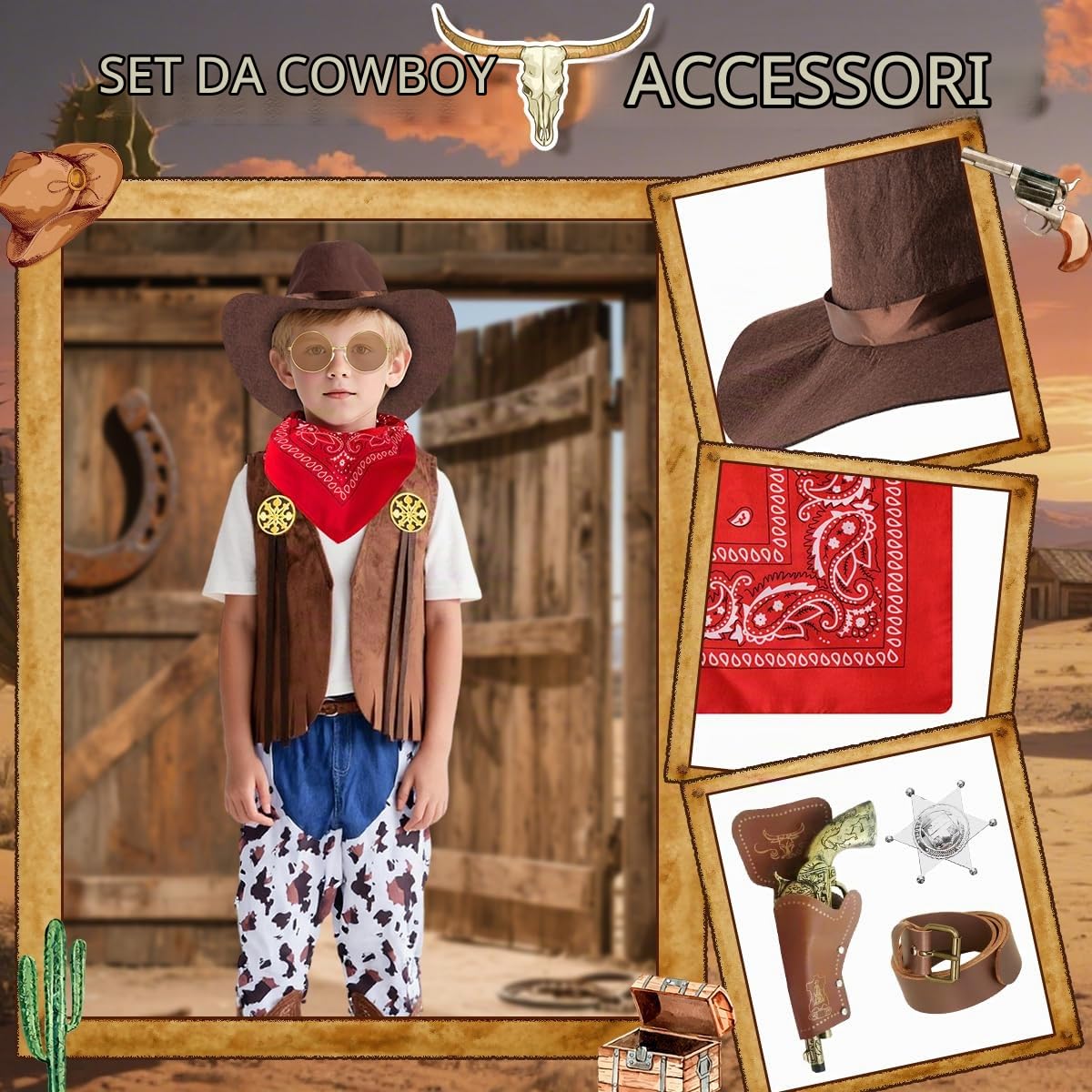 Costume Cowboy Bambino, Western Vestito da Cowboy Bambini con Gilet, Pantaloni, Cappello, Bandana Accessori, Costume da Cowboy Bambino per Halloween Carnevale Dress Up Festa Cosplay, 3-10 Anni