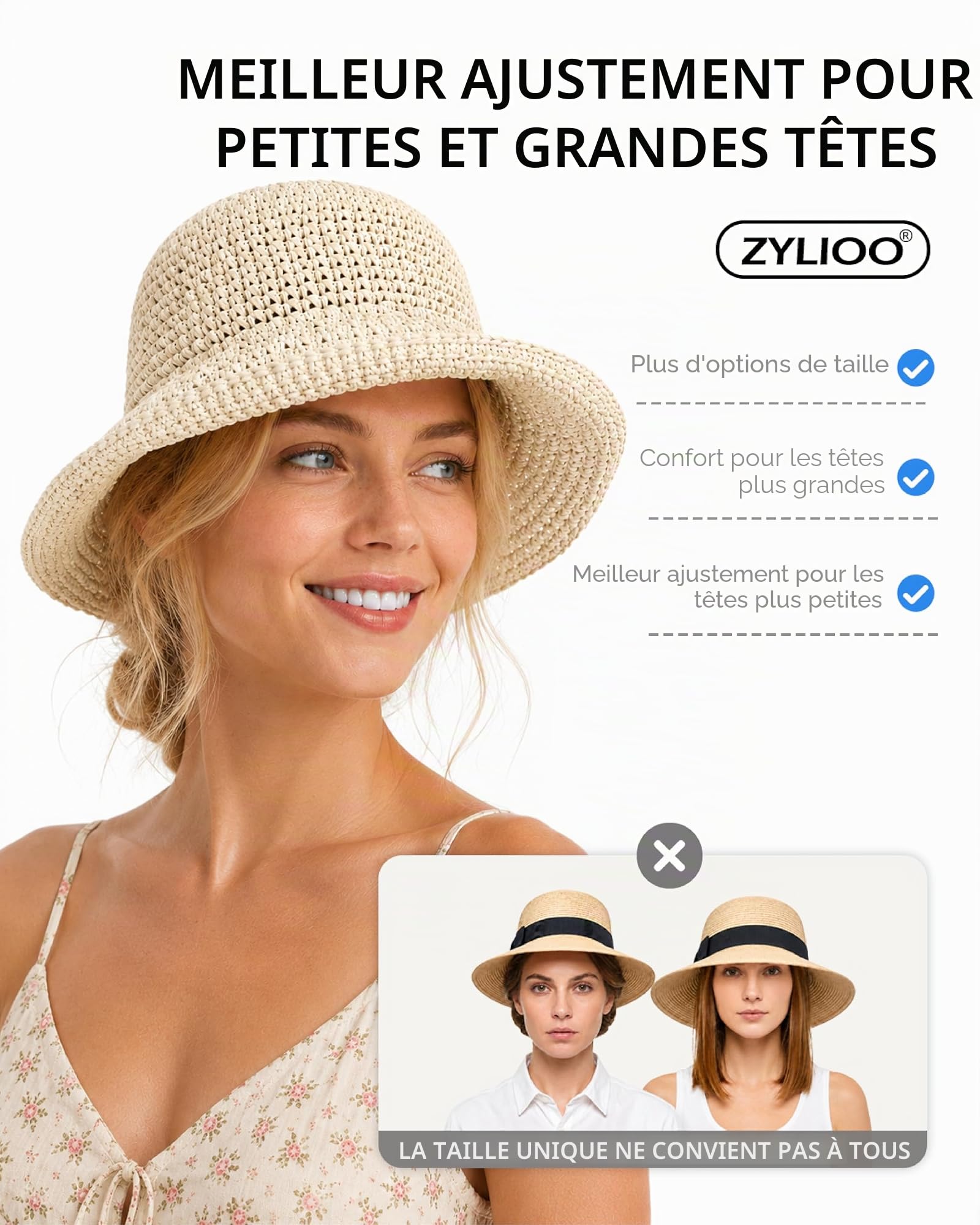 Zylioo Chapeaux de paille XXL - Grand chapeau de voyage d'été - Taille S M - Large bord - UPF 50 - Pliable