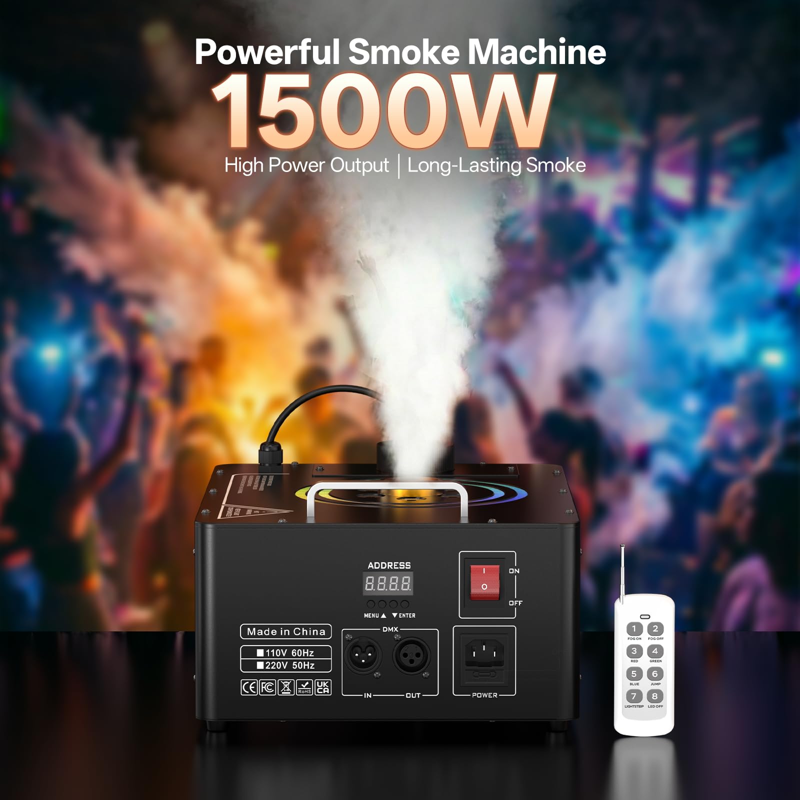 1500W Nebelmaschine mit Fernbedienung, Wash 6 RGB LED Stroboskop Lichteffekt Rauchmaschine 3000 CFM/Min DMX512 Mini Smoke Machine für Halloween Hochzeiten Bühnenauftritte Party