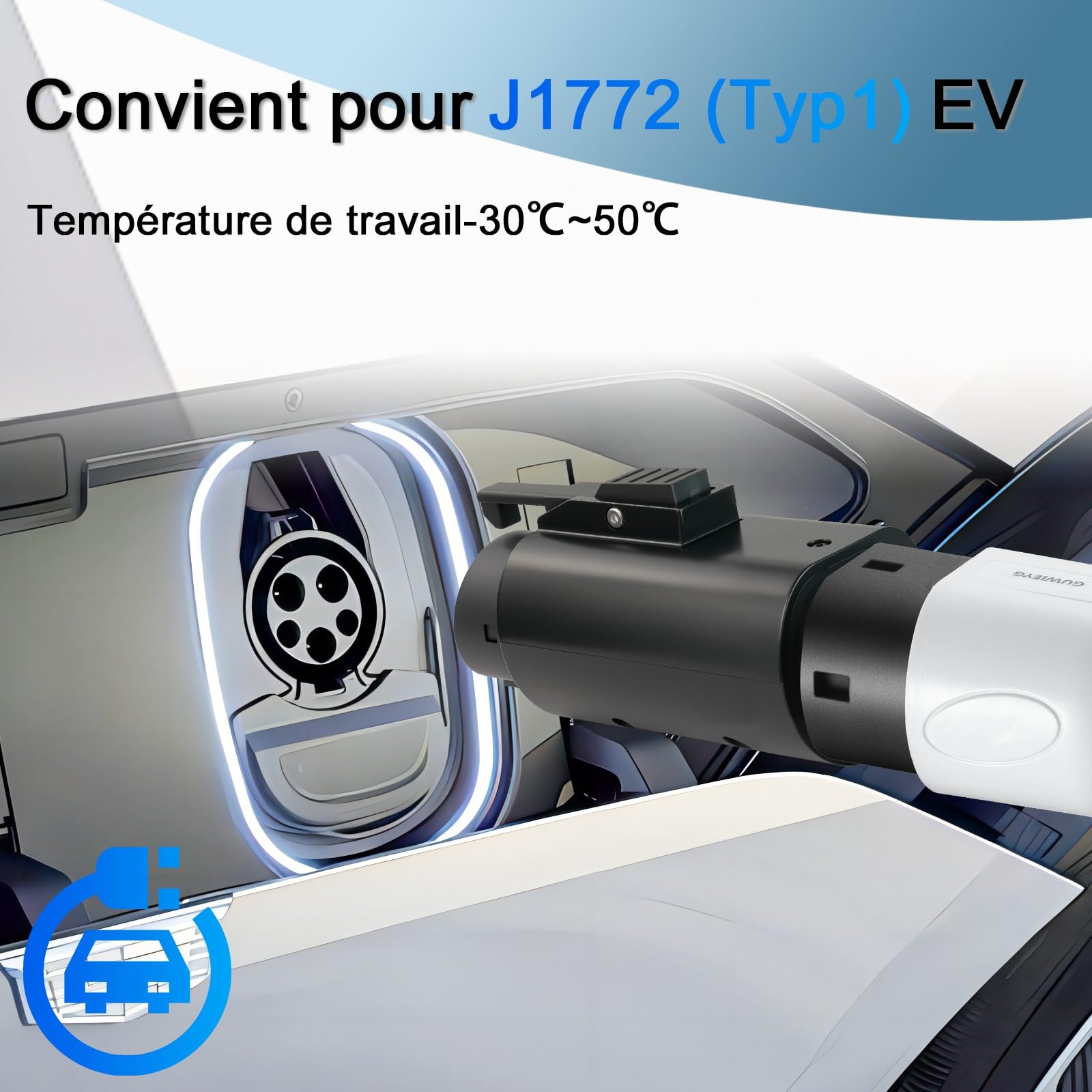 Adaptateur Type 2 vers Type 1 pour véhicules électriques, 32A CA | Adaptateur pour véhicules électriques IEC 62196 vers J1772 avec Clip Anti-Chute, Connecteur de charge rapide, étanche IP54