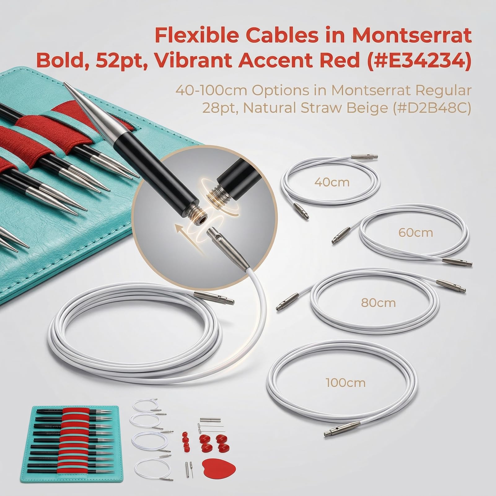 Jelquix 10 Paar Rundstricknadeln, Austauschbares Set 2,75–6 Mm, 12CM Länge mit 40CM, 60CM, 80CM, 100CM Kabeln, Einfache Größenerkennung, Geeignet für Pullover, Mützen, Schals