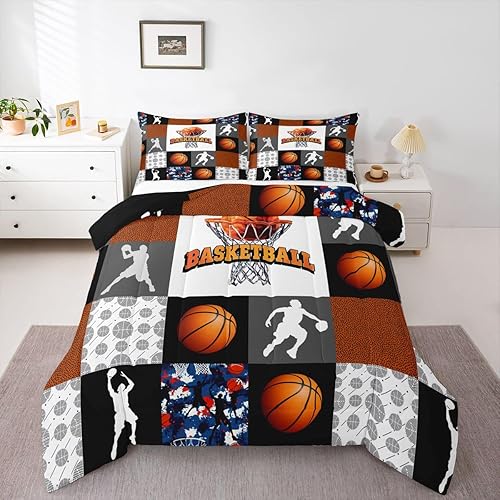 Juego de edredón individual de baloncesto para niños, ropa de cama deportiva, juego de edredón de atleta de baloncesto, estilo de patchwork,