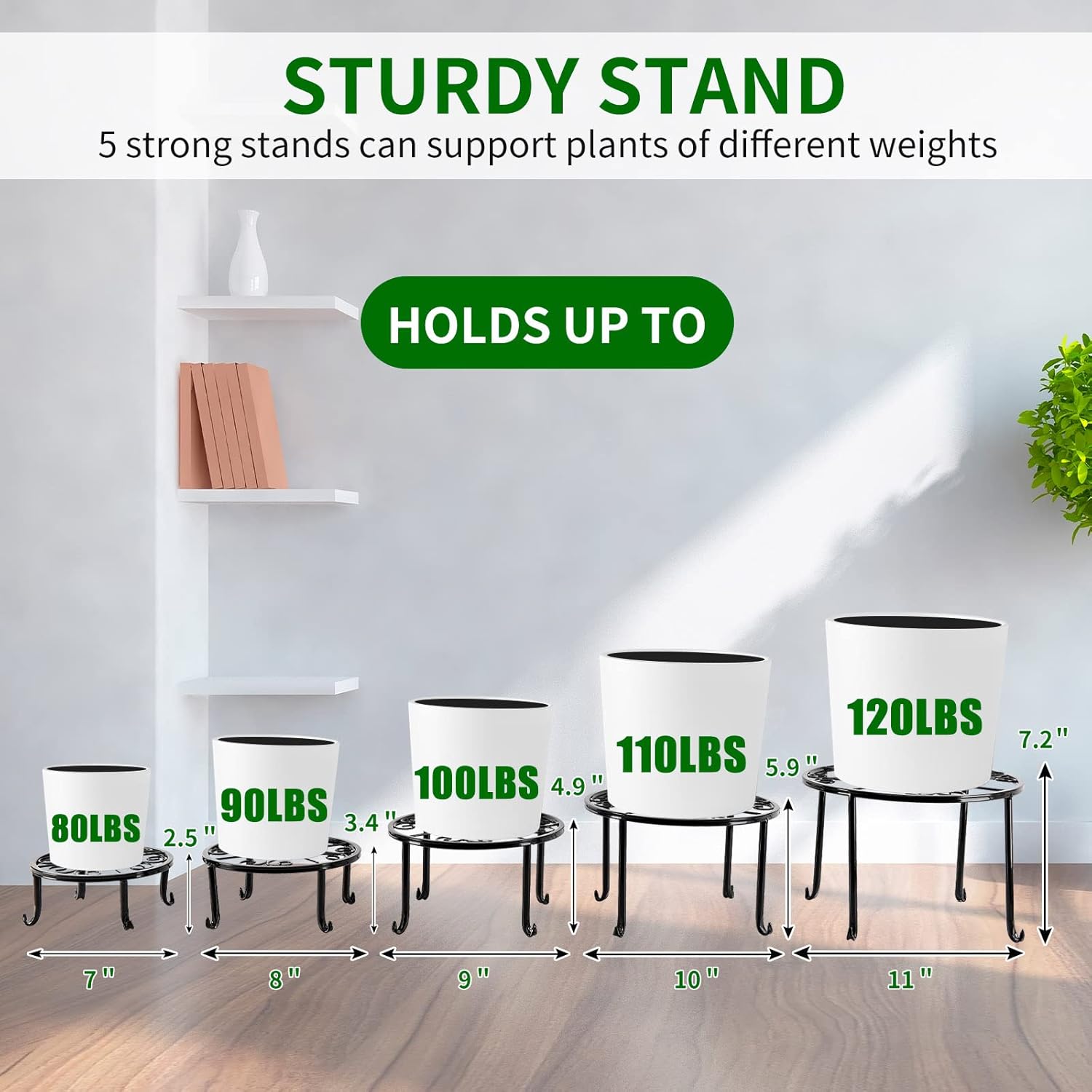 NSYOOMH 5 packs Rustproof Metal Plant Stands for Multiple Plant, Heavy Duty Plants Holder Outdoor Indoor, Round Wrought Iron Flower Planter Pot Stand, Corner Gardening Pumpkin Stand Black