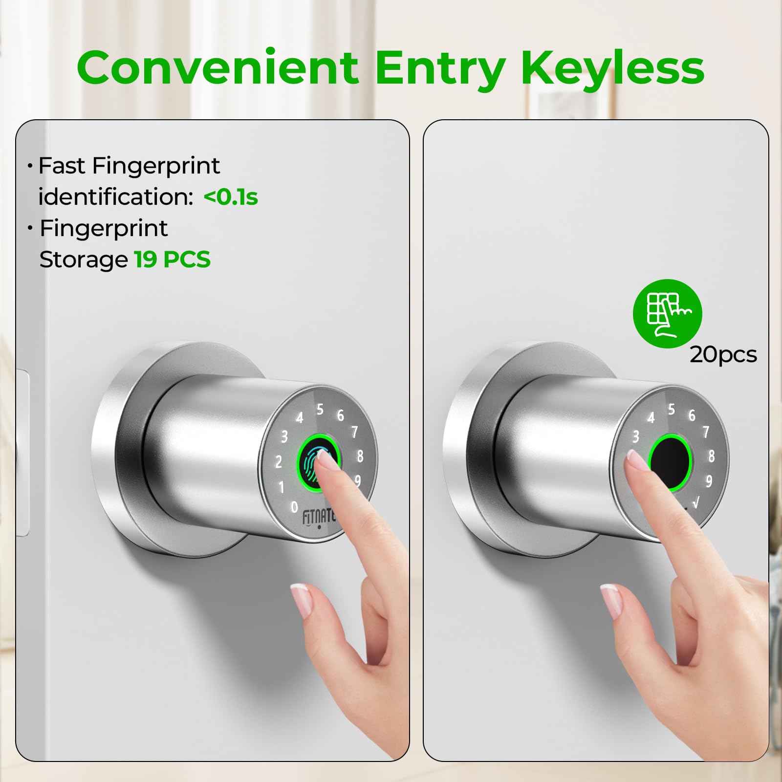 FITNATE Biometric Door Knob with Keypad, 4-in-1 Smart Door Lock(Fingerprint/App/Code/Key), Auto Locking - Image 4