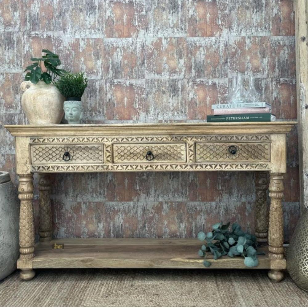 Jangid Handicraft Solid Wood Console Table for Living Room, Drawing Room & Office | Side Entrance/Entryway Hallway Table | Antique Rectangular Design with 3 Drawers Storage | Natural Distress
