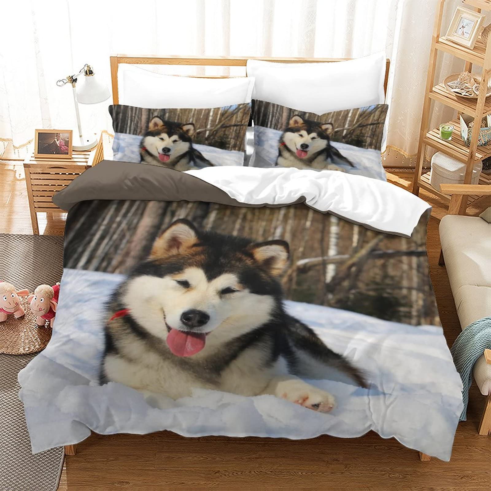Parure de couette 3D chiens 200x200 en microfibre douce avec fermeture éclair pour lit double