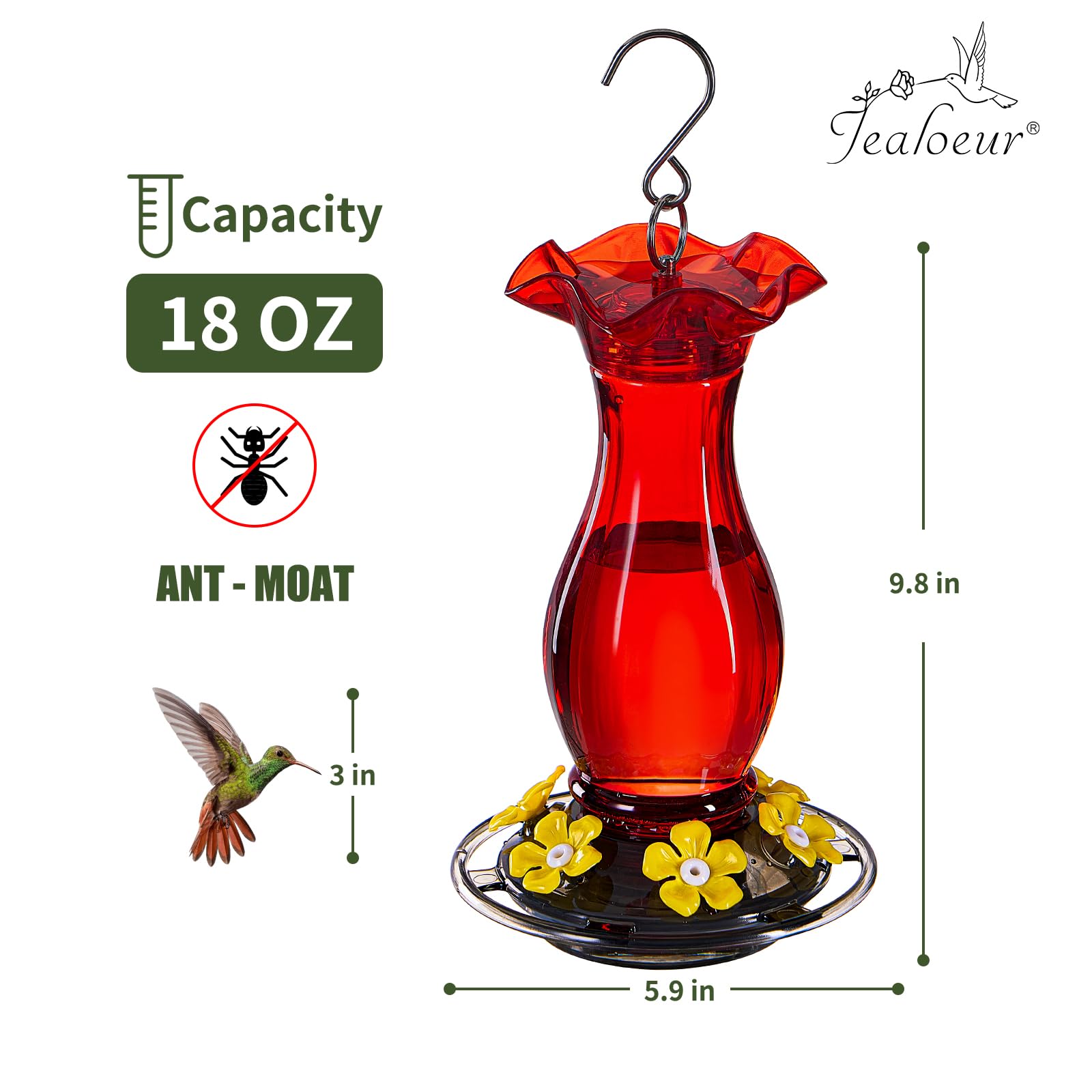 Snapklik.com : Jealoeur Hummingbird Feeder For Outdoors Hanging, 18 OZ