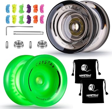 MAGICYOYO YOYO K2 Crystal Pack Yoyo 2 Pack Dual Function Responsive Yoyo for Beginners + Non-Reactive Yoyo Bearing Kit for Adults + 12 Yoyo Strings + 2 BagsCrystal Black+Glow Green