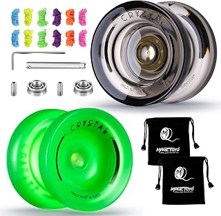 MAGICYOYO K2 Crystal Pack of 2 Yoyos, Dual Function Responsive Yoyo for Kids Beginner + Unresponsive Yo-yo Bearing Kit for Adults+12 Yo-yo Strings+2 Bags( Crystal Black+Glow Green)