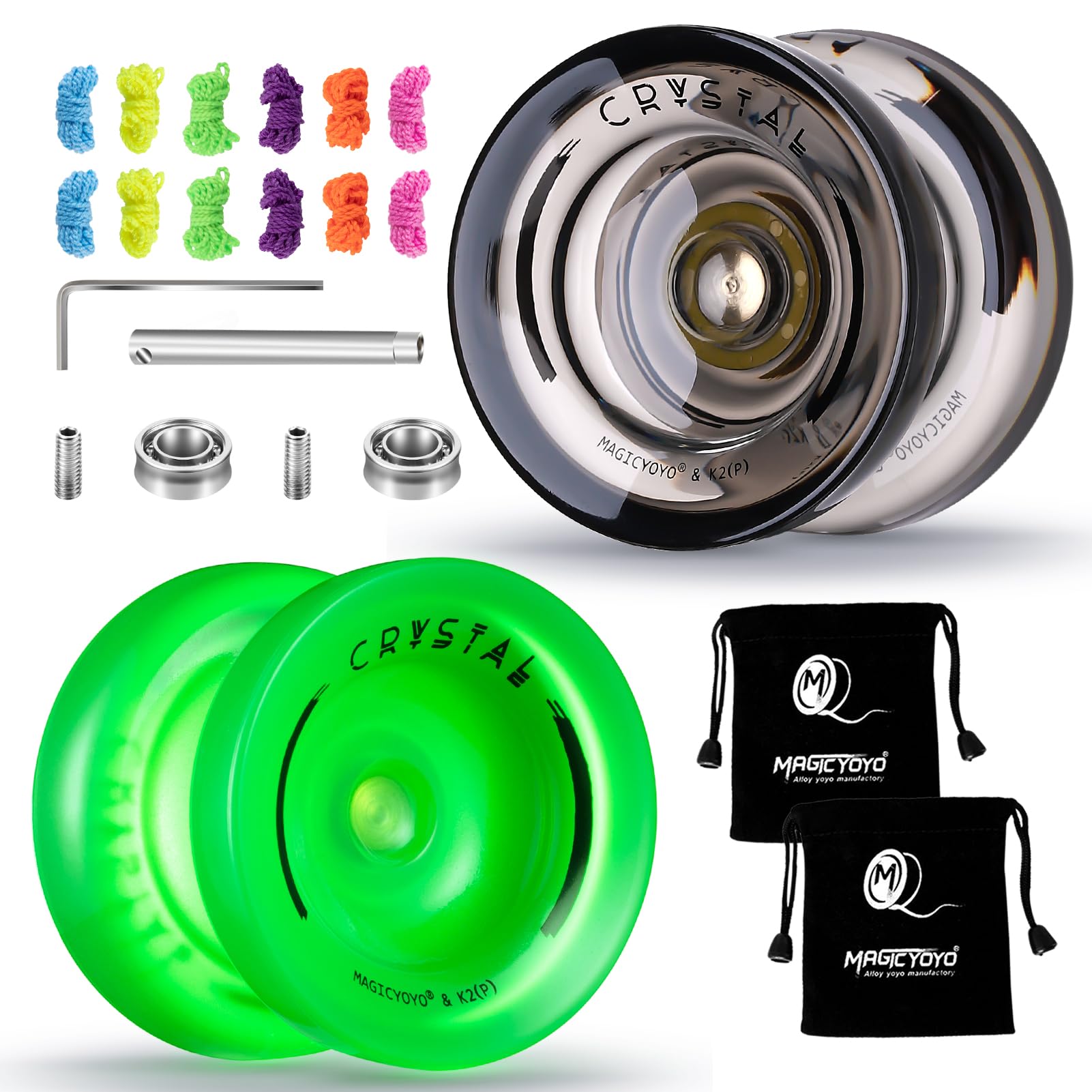 MAGICYOYOK2 Crystal Pack of 2 Yoyos, Dual Function Responsive Yoyo for Kids Beginner + Unresponsive Yo-yo Bearing Kit for Adults+12 Yo-yo Strings+2 Bags( Crystal Black+Glow Green)
