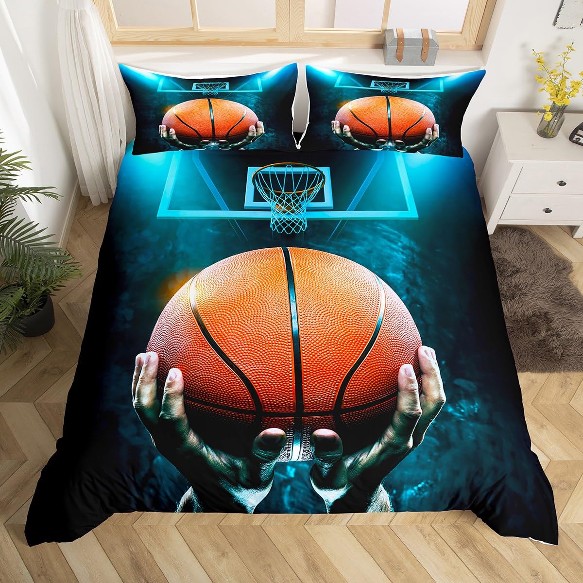 Set di biancheria da letto con tema campo da basket per ragazzi, pallacanestro, copripiumino 220 x 240, decorazione sportiva, tema copripiumino 3D partita di palla, biancheria da letto per bambini e