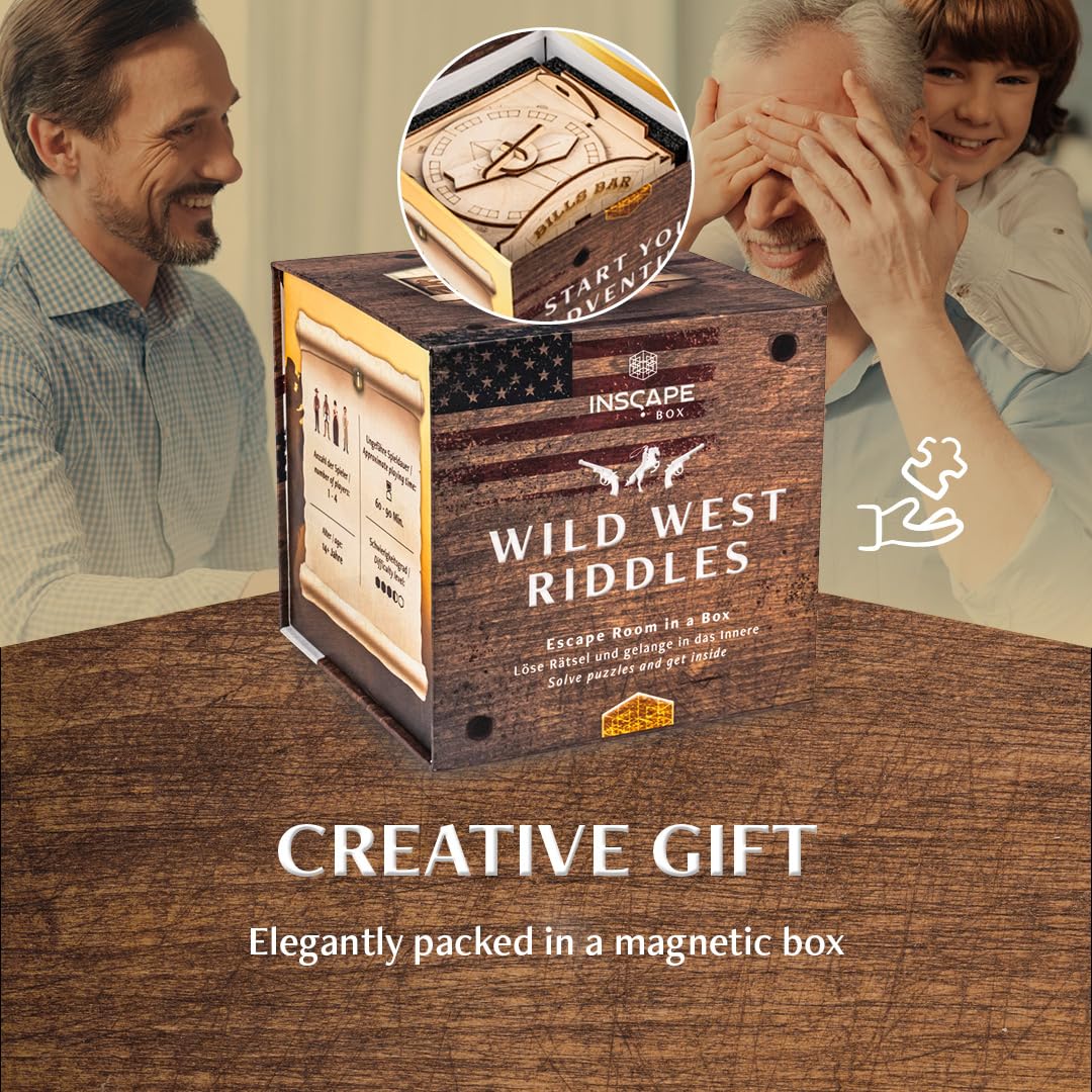 INSCAPE Wild West Riddles Cluebox Puzzle Box per adulti Escape Room in legno | Gioco rompicapo in legno a tema occidentale, scomparti nascosti, sblocco passo dopo passo, idea regalo per uomini e donne